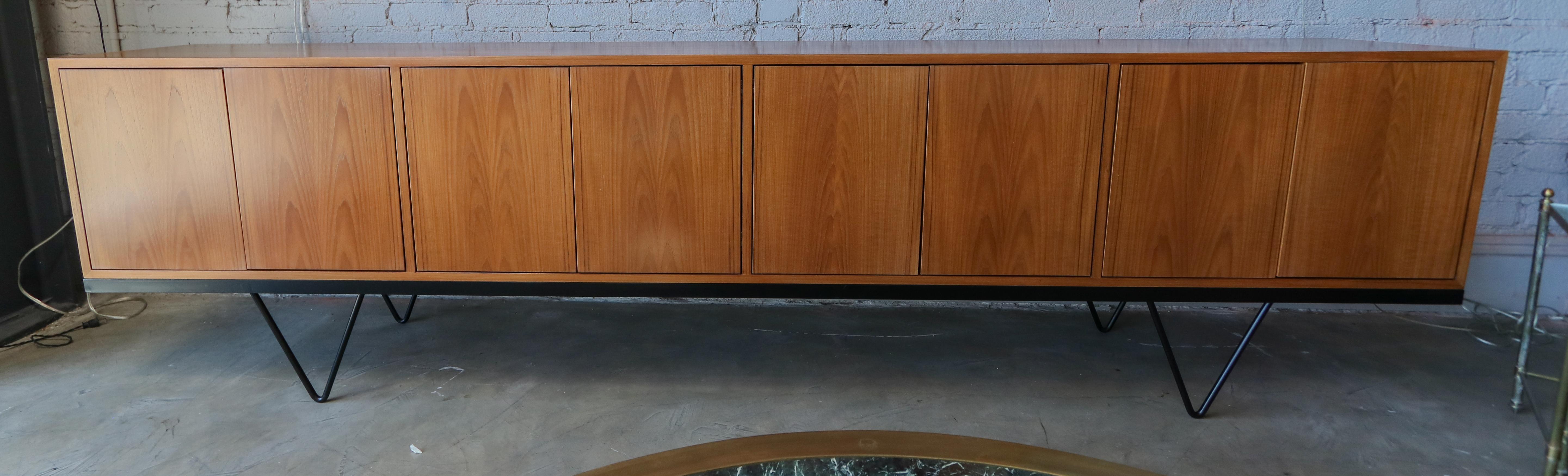 American Custom Midcentury Style Teak Sideboard with Black Metal Base by Adesso Imports For Sale