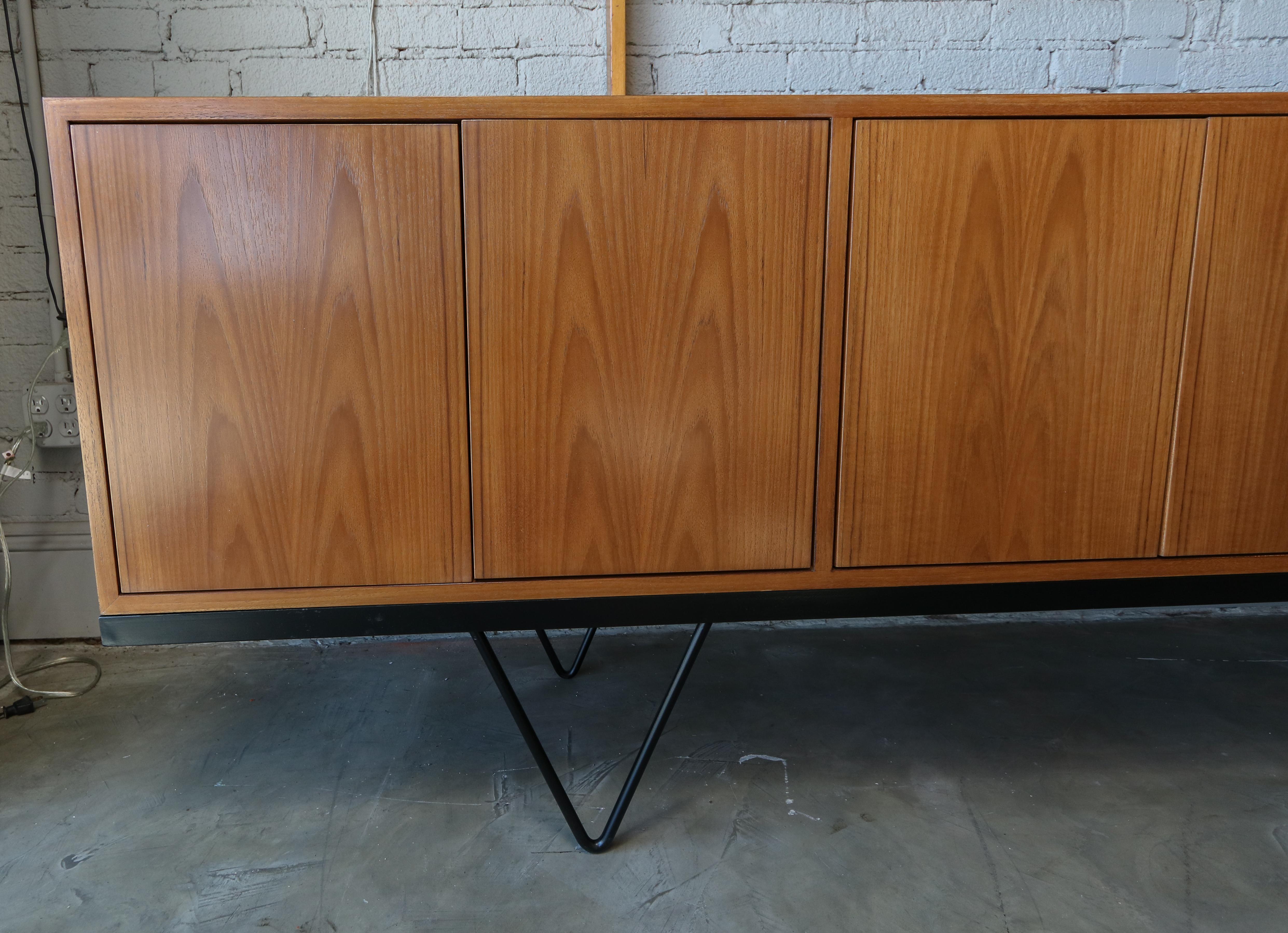 Contemporary Custom Midcentury Style Teak Sideboard with Black Metal Base by Adesso Imports For Sale