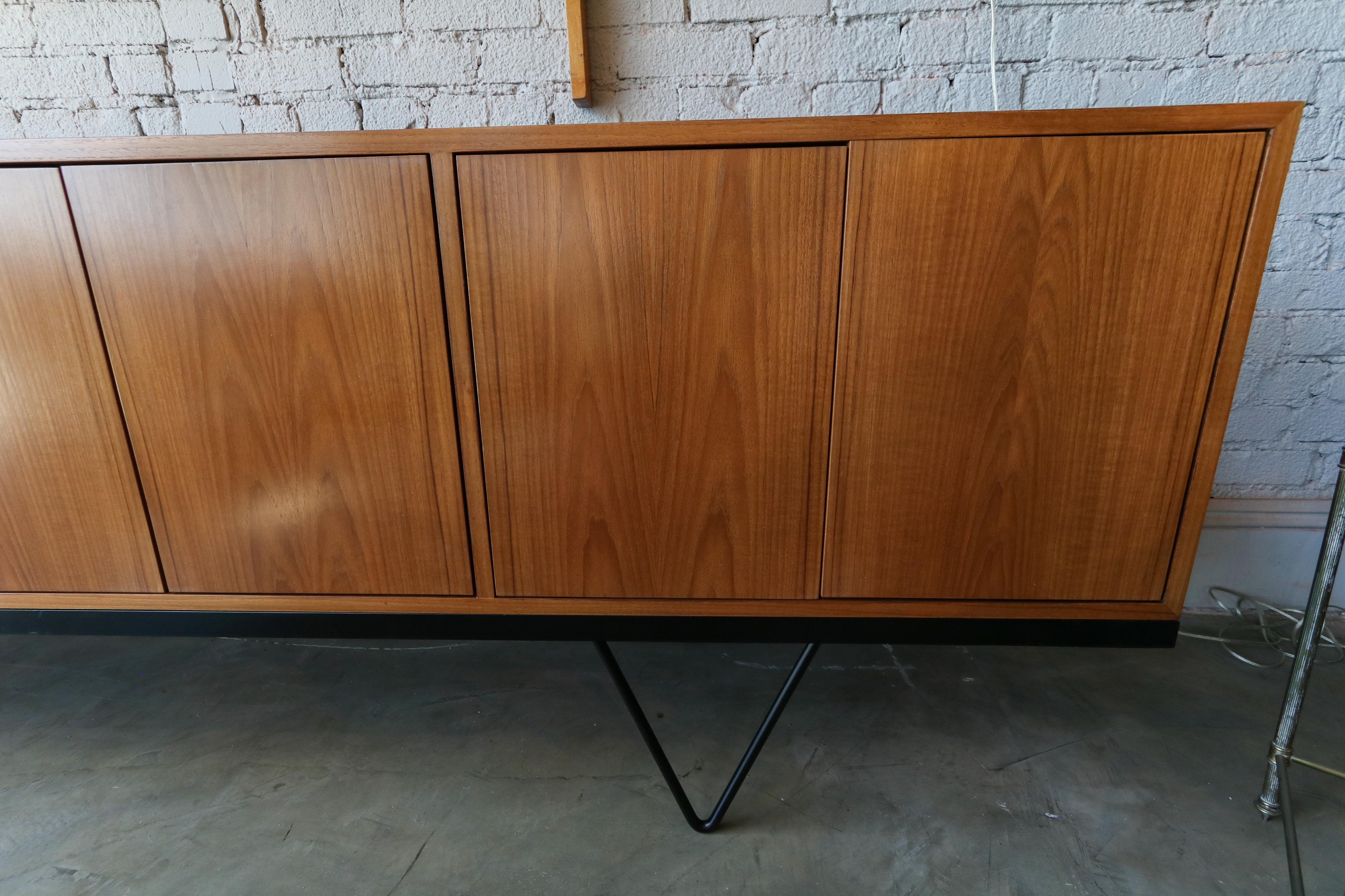Custom Midcentury Style Teak Sideboard with Black Metal Base by Adesso Imports For Sale 1