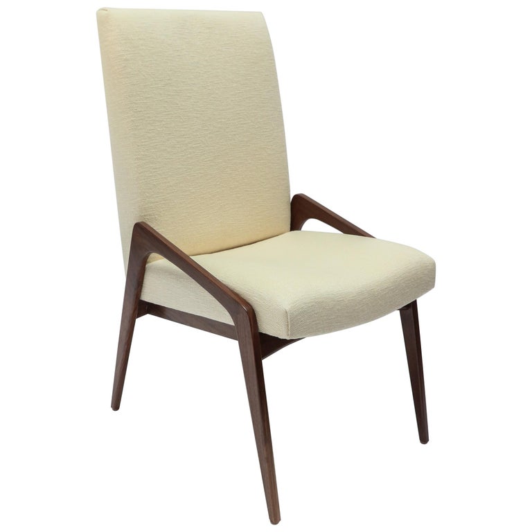 Custom Midcentury Style Walnut Dining Chairs in Ivory Linen by Adesso