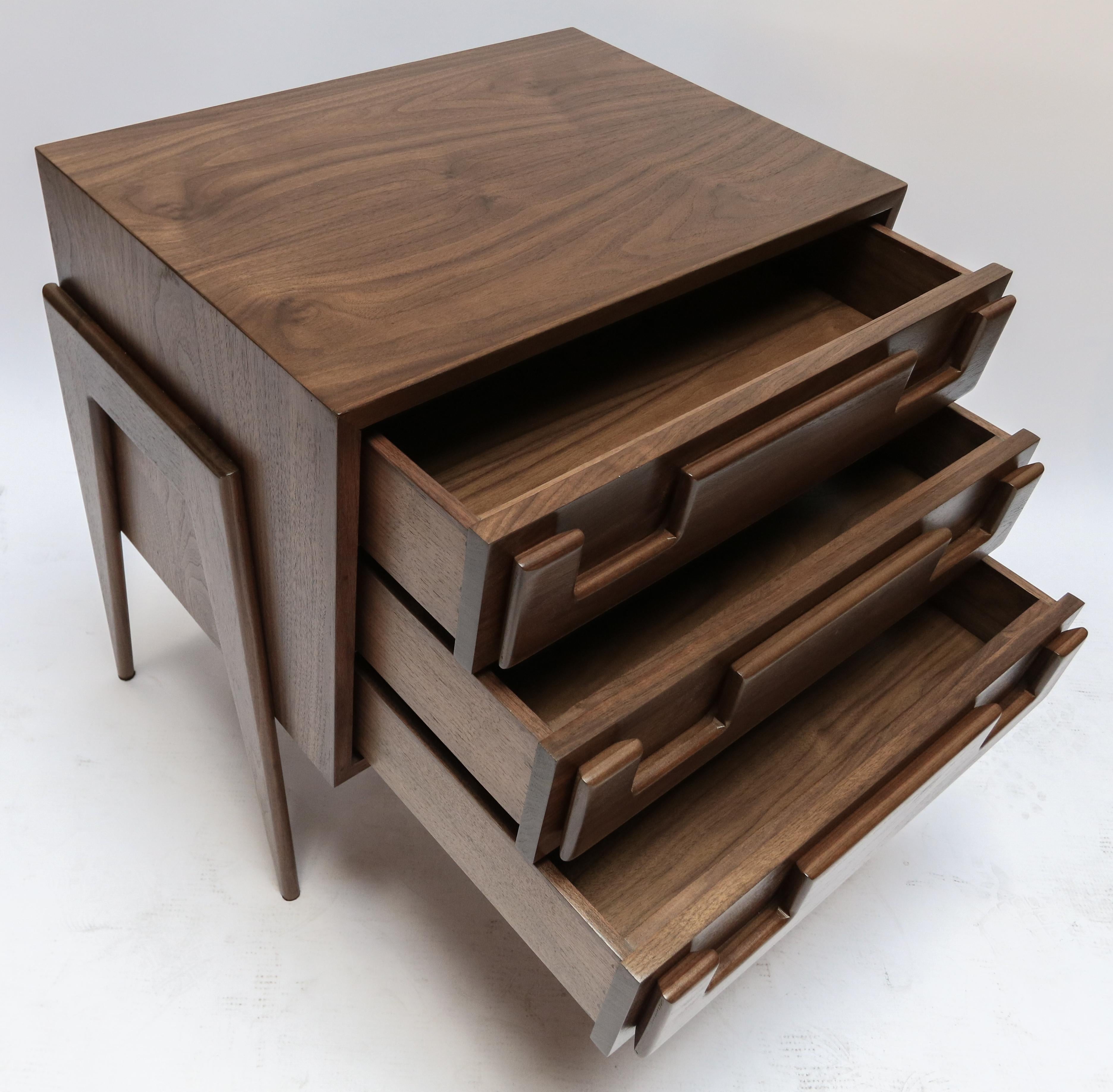 Custom Midcentury Style Walnut Nightstands with Three Drawers by Adesso Imports For Sale 4