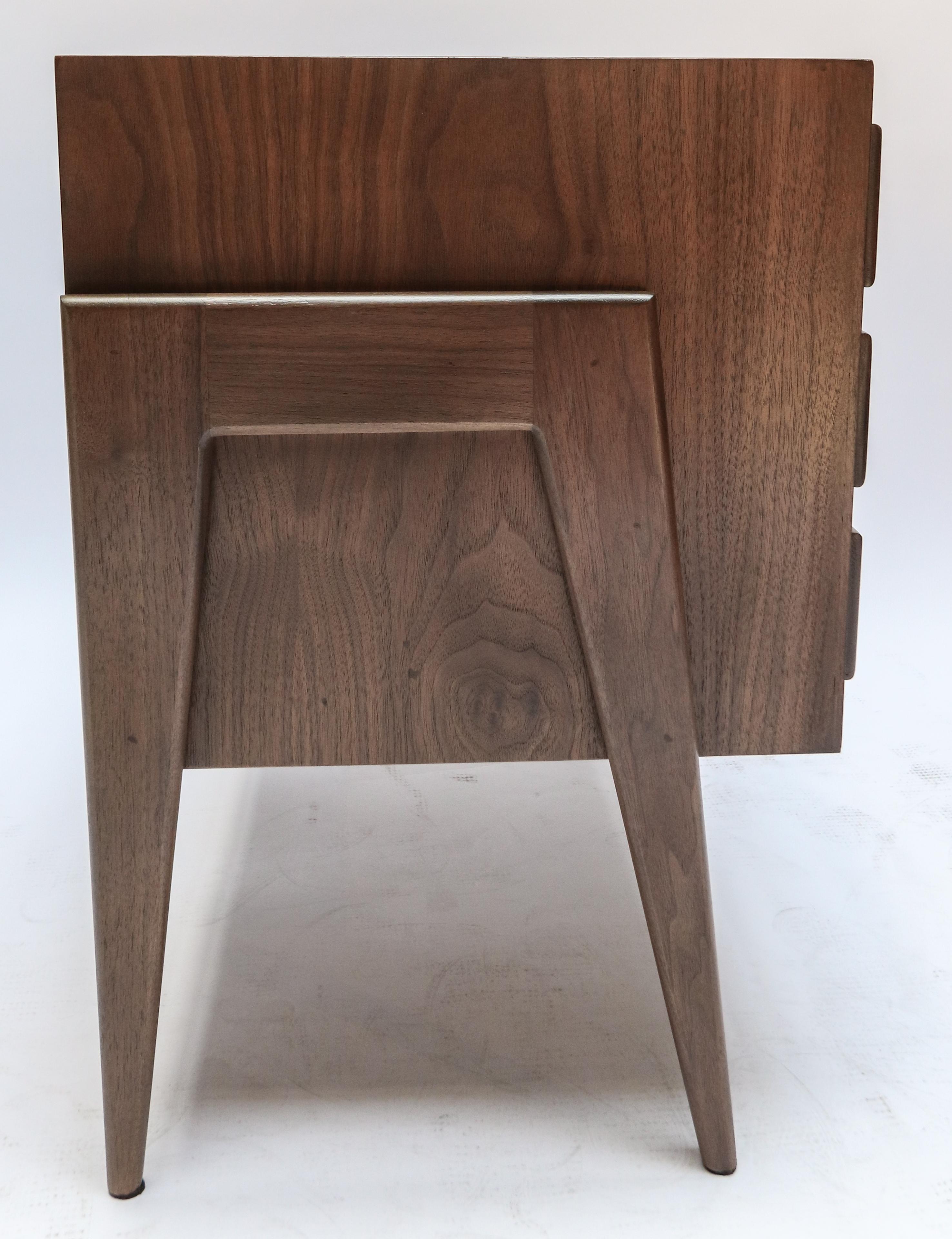 Custom Midcentury Style Walnut Nightstands with Three Drawers by Adesso Imports For Sale 1