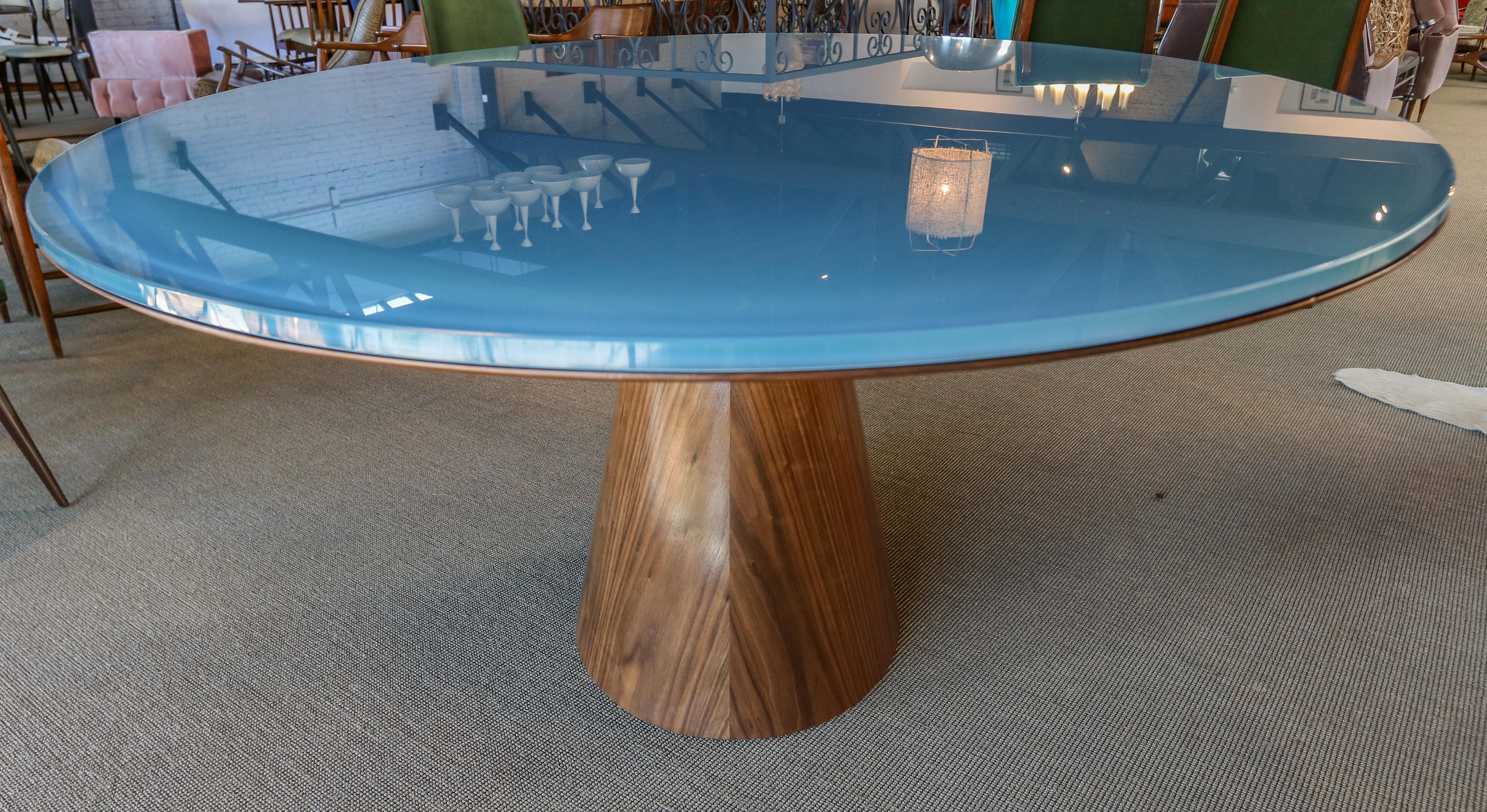 Mid-Century Modern Custom Midcentury Style Walnut Oval Dining Table with Glass Top by Adesso For Sale