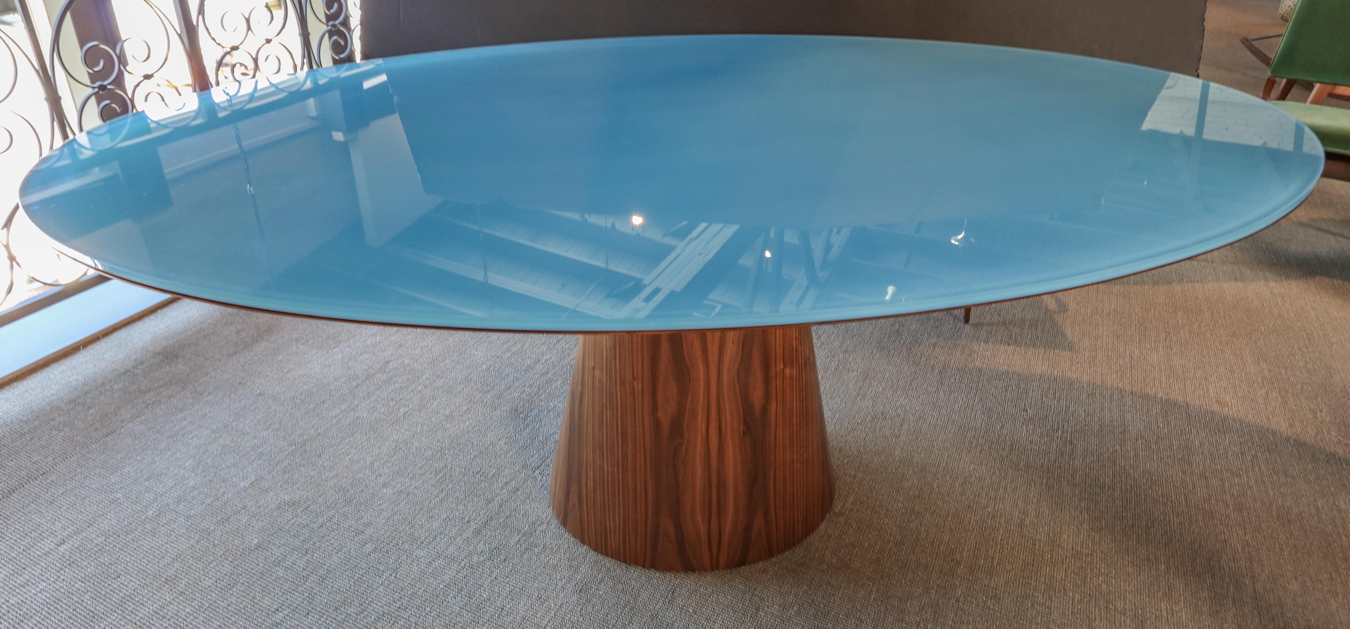 American Custom Midcentury Style Walnut Oval Dining Table with Glass Top by Adesso For Sale