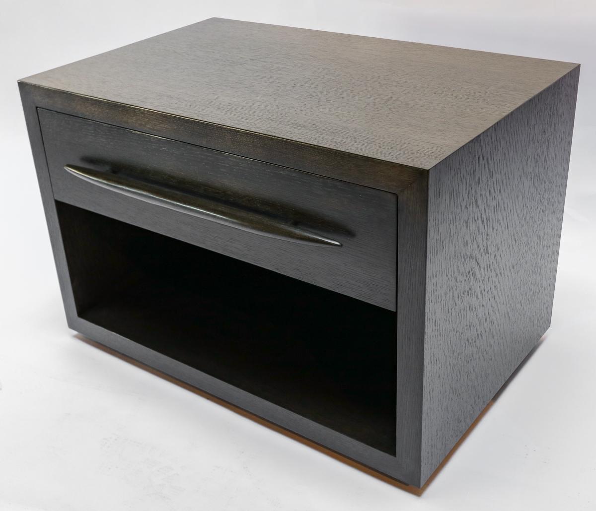 Custom midcentury style American oak nightstand with dark brown almost black finish with one drawer and decorative pull.  Made in Los Angeles by Adesso Imports. Can be done in different sizes, wood and colors.