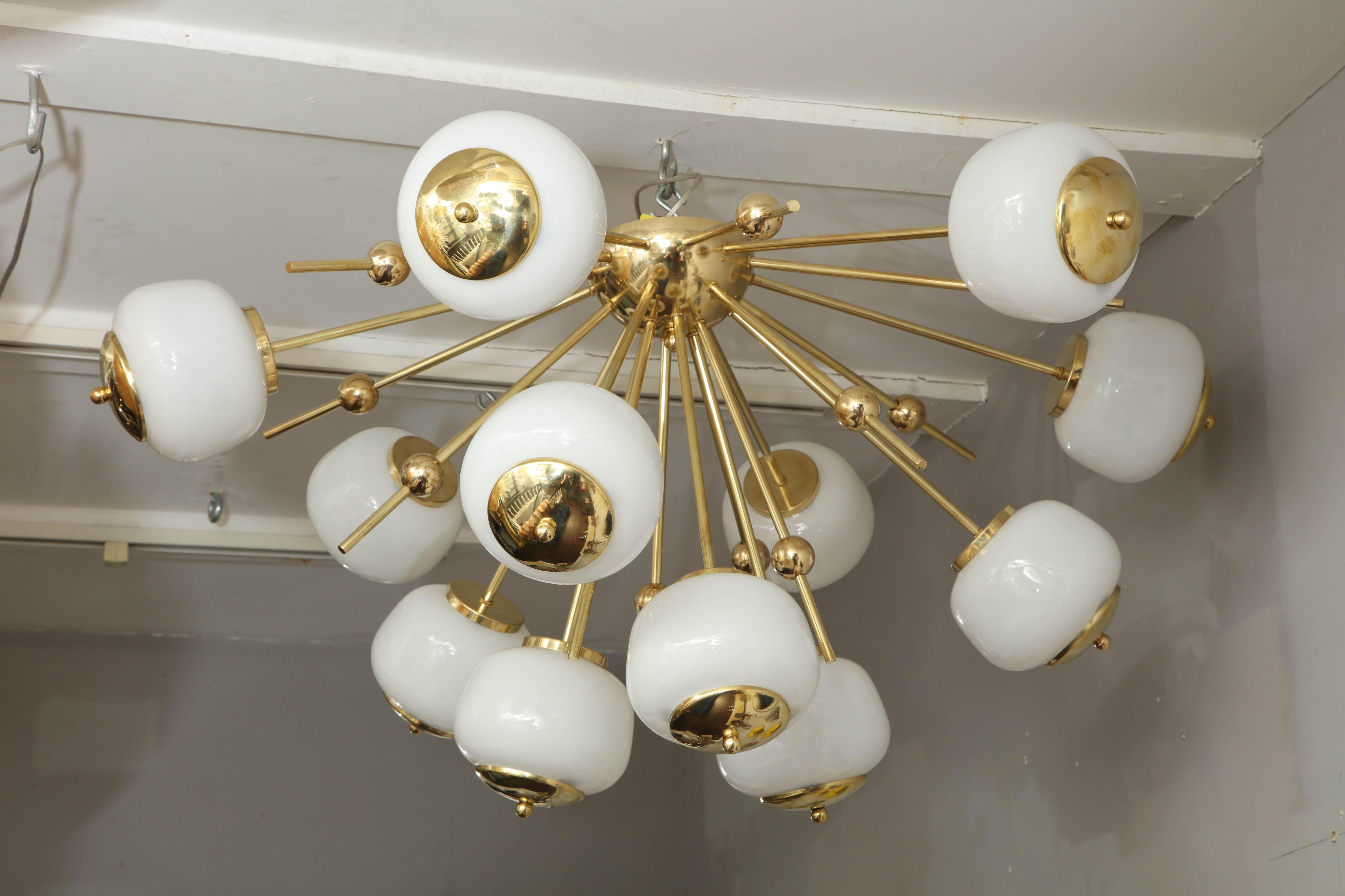 Custom milk glass globe Sputnik flush mount chandelier . Customization is available in different sizes and finishes.