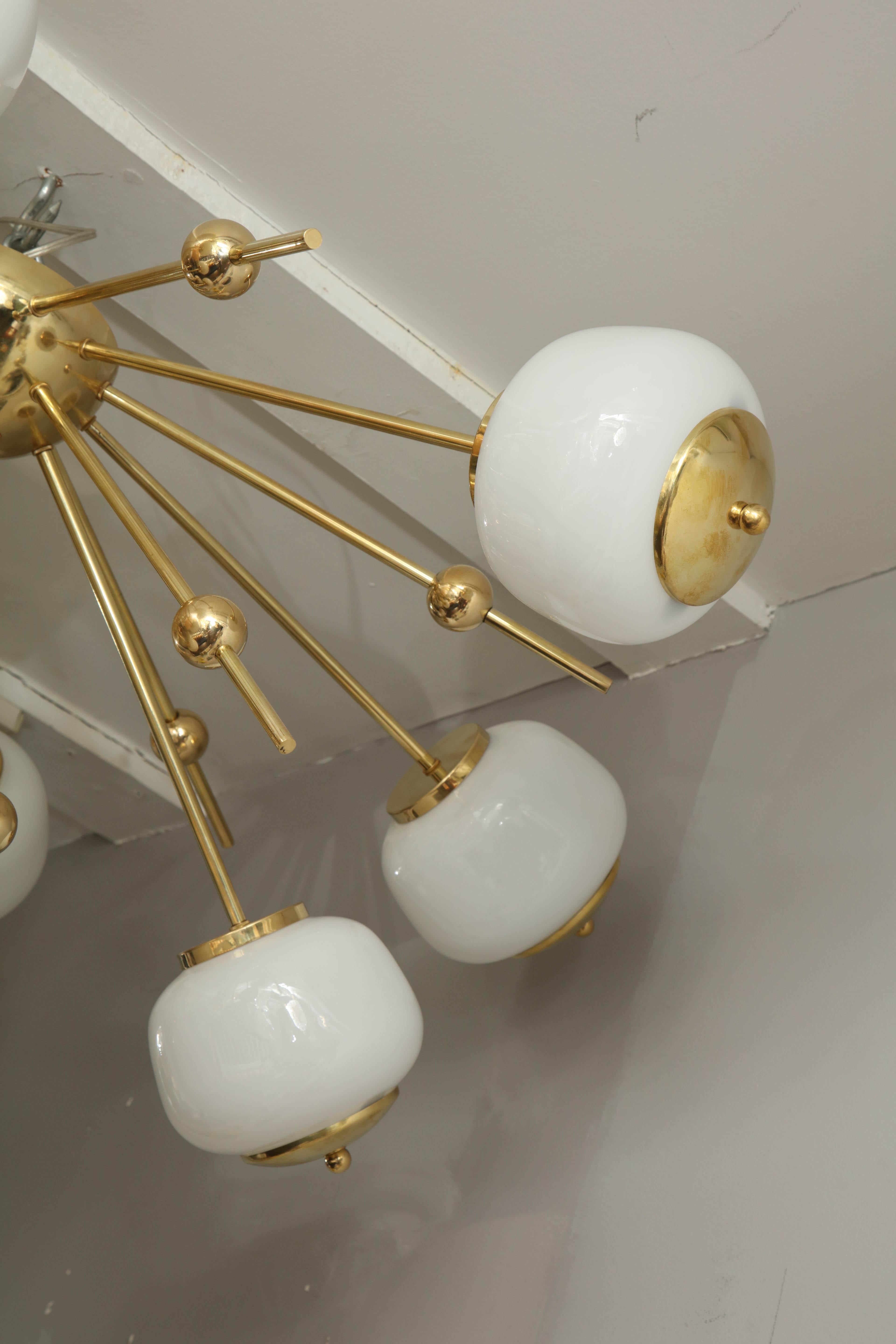 Custom Milk Glass Globe Sputnik Flush Mount Chandelier In New Condition For Sale In New York, NY