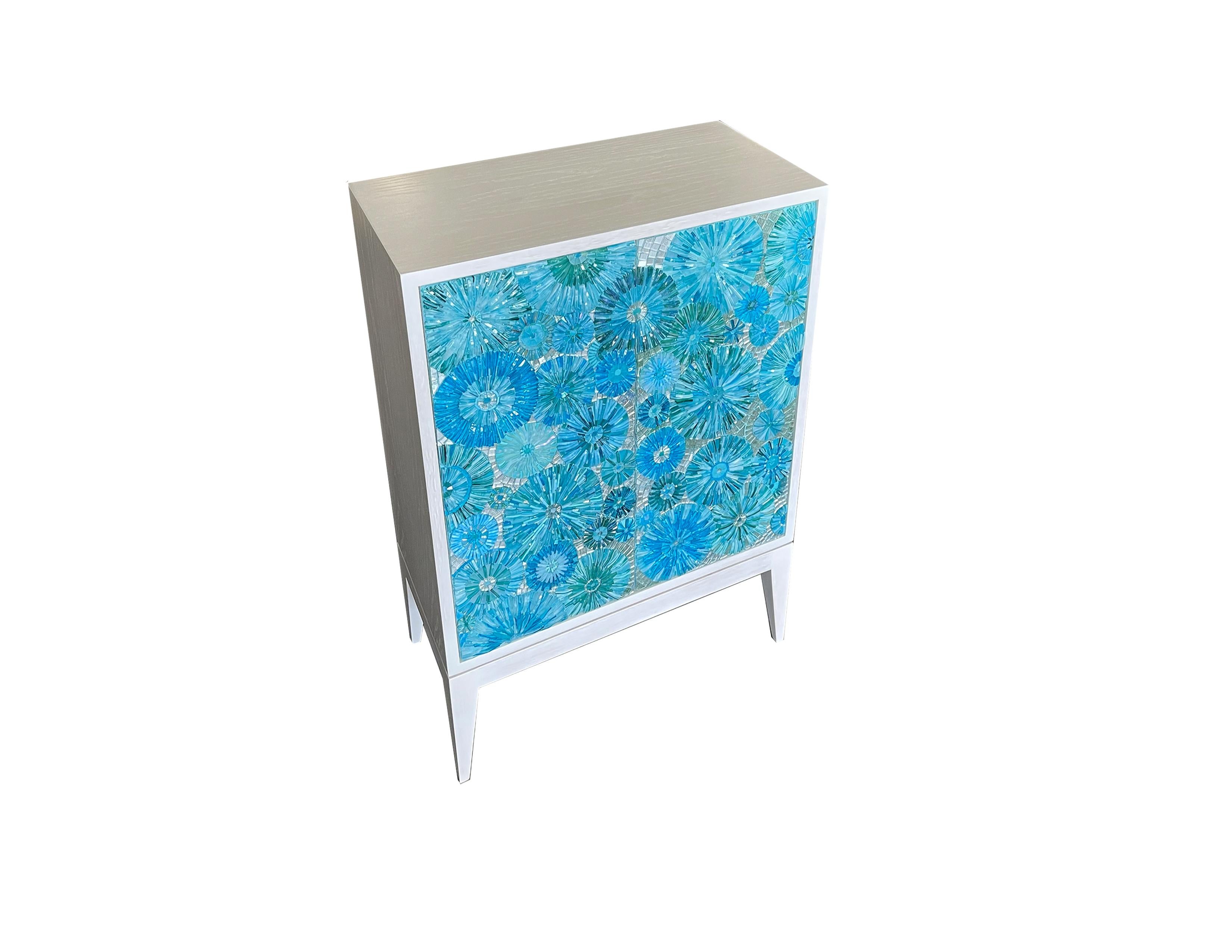 Hand-Crafted Modern Mini 2-Door Blue Blossom Mosaic Cabinet by Ercole Home For Sale