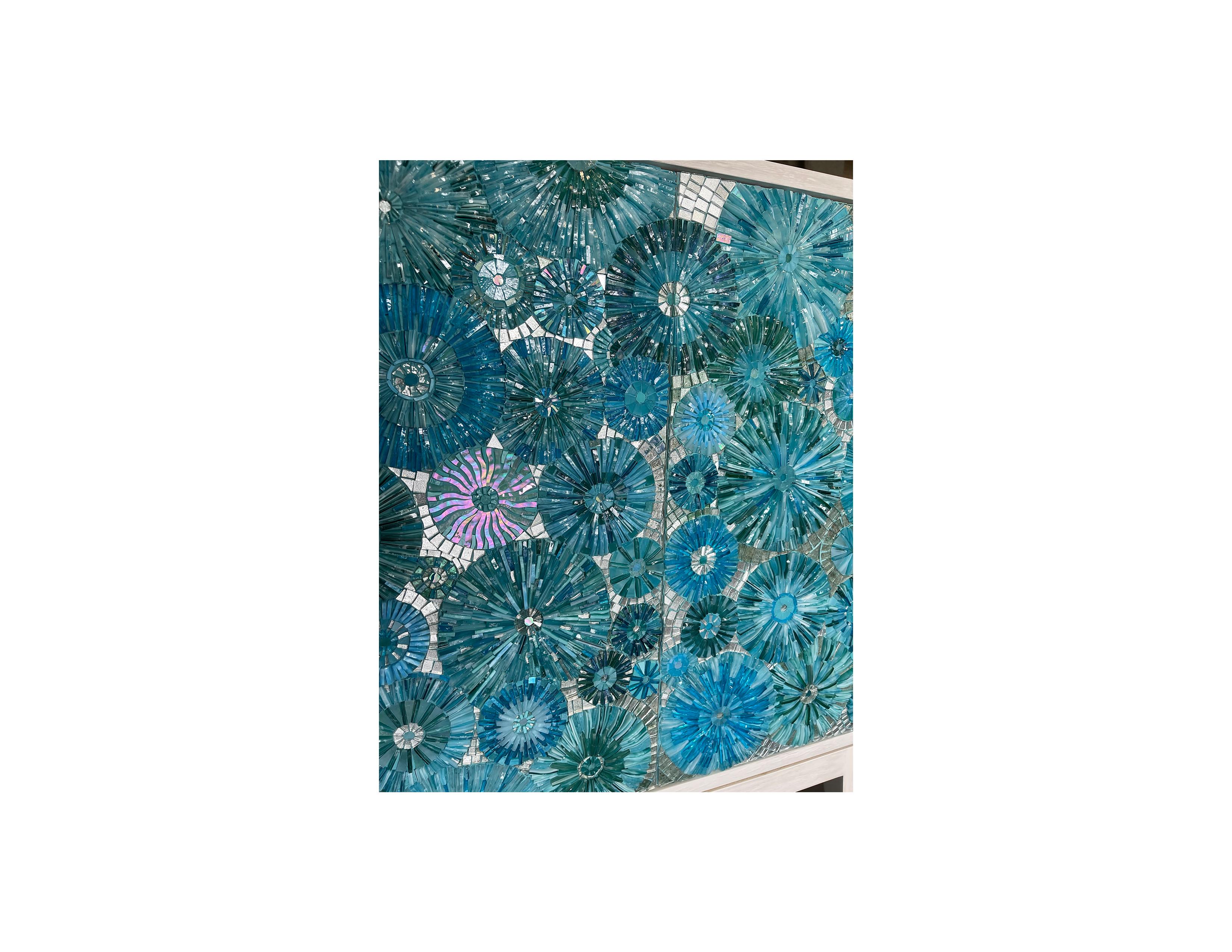 Modern Mini 2-Door Blue Blossom Mosaic Cabinet by Ercole Home In New Condition For Sale In Brooklyn, NY