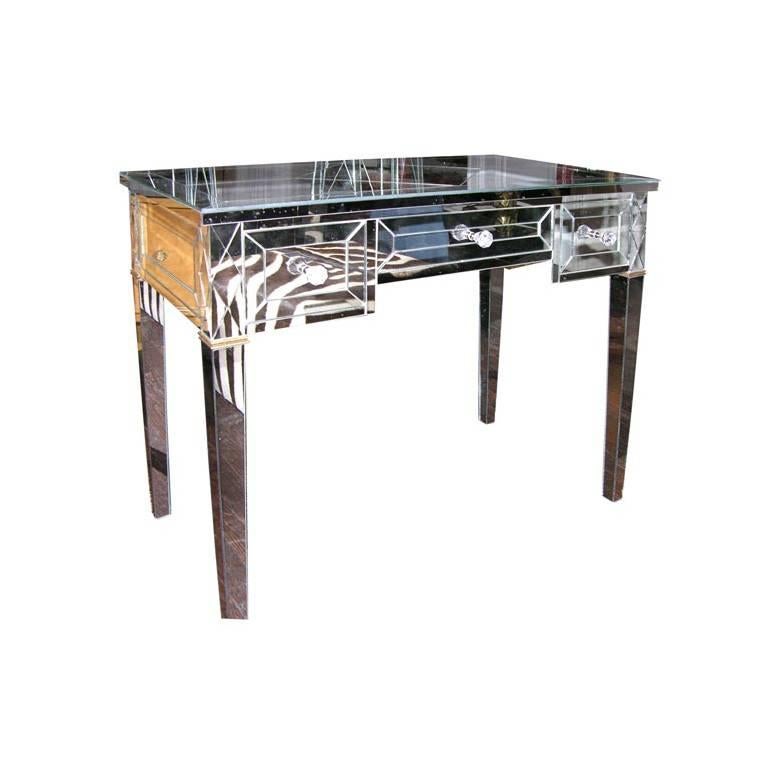 Neoclassical Style Gold Trim Mirrored Desk with X-Detail For Sale