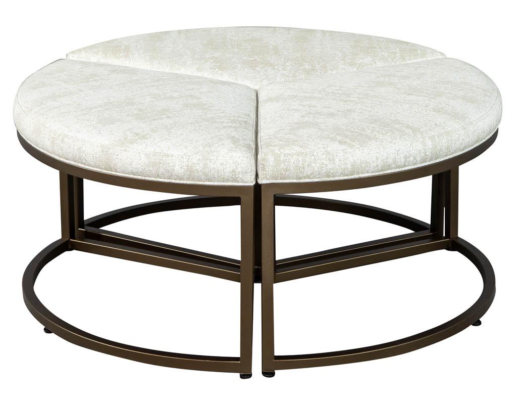 Stylish modern designed cocktail ottoman 3-piece set. Upholstered in a designer brushed fabric, groups together and separates into 3 individual seats. Can be custom upholstered, also available in black bronze or silver finishes.

Closed: Height
