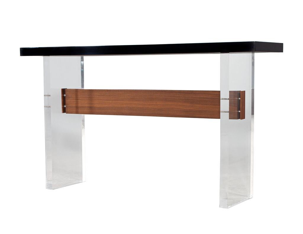 Custom Modern Acrylic and Walnut Console Table For Sale 5