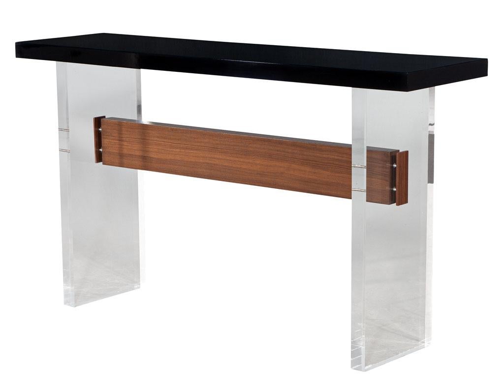 Custom Modern Acrylic and Walnut Console Table For Sale 9
