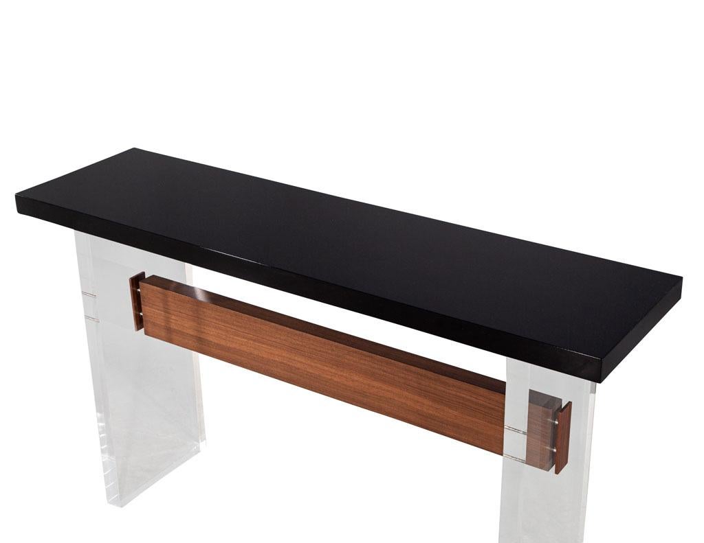 Metal Custom Modern Acrylic and Walnut Console Table For Sale