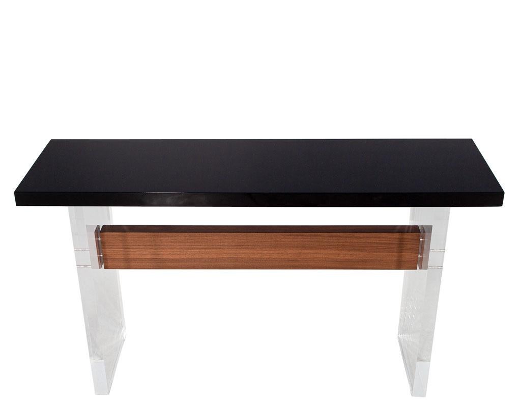 Custom Modern Acrylic and Walnut Console Table For Sale 1