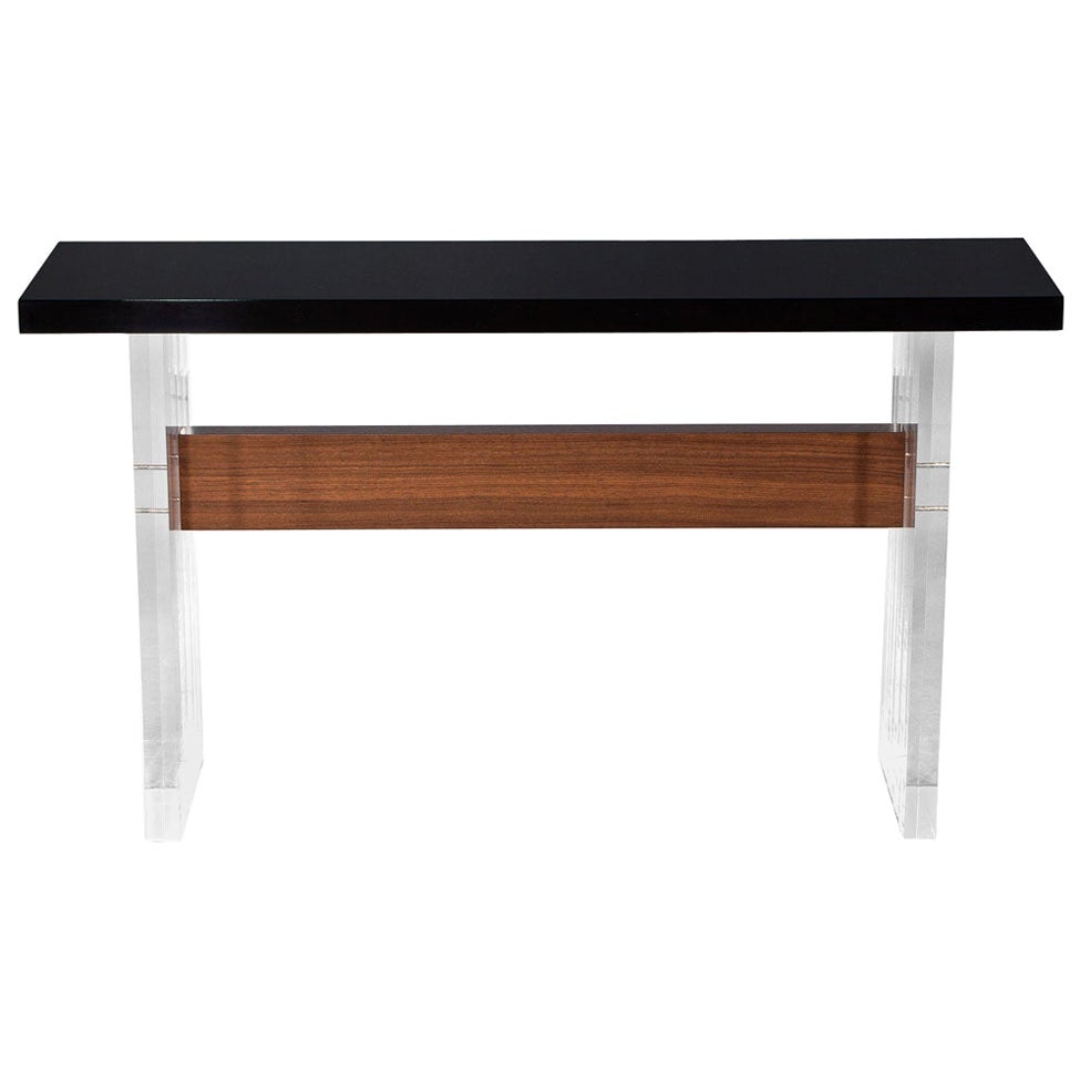 Custom Modern Acrylic and Walnut Console Table For Sale