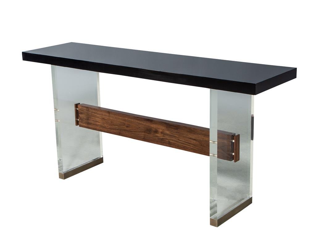 Custom Modern Acrylic Black Lacquer and Walnut Console by Carrocel For Sale 11