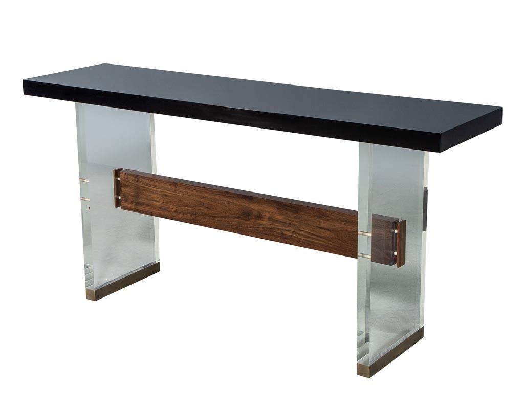 Canadian Custom Modern Acrylic Black Lacquer and Walnut Console by Carrocel For Sale