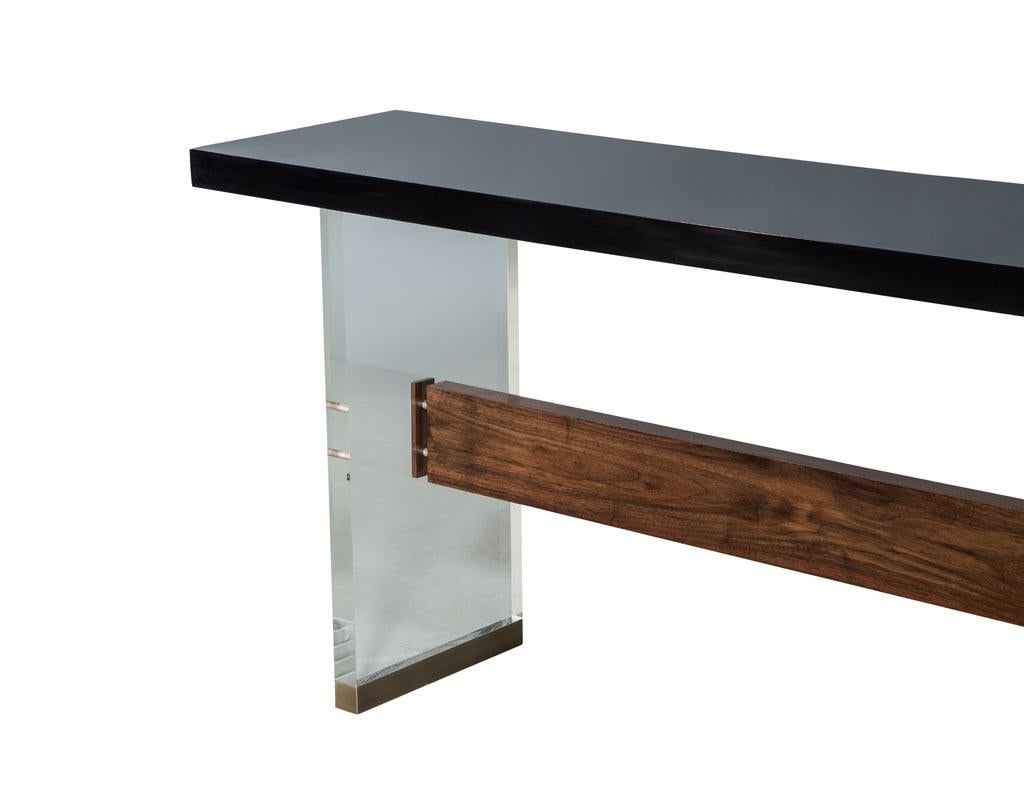 Custom Modern Acrylic Black Lacquer and Walnut Console by Carrocel In New Condition For Sale In North York, ON