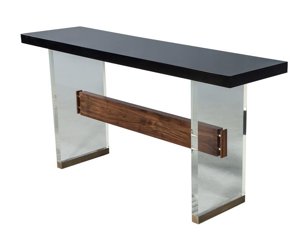 Contemporary Custom Modern Acrylic Black Lacquer and Walnut Console by Carrocel For Sale