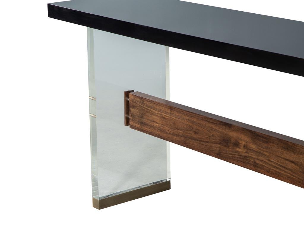 Brass Custom Modern Acrylic Black Lacquer and Walnut Console by Carrocel For Sale