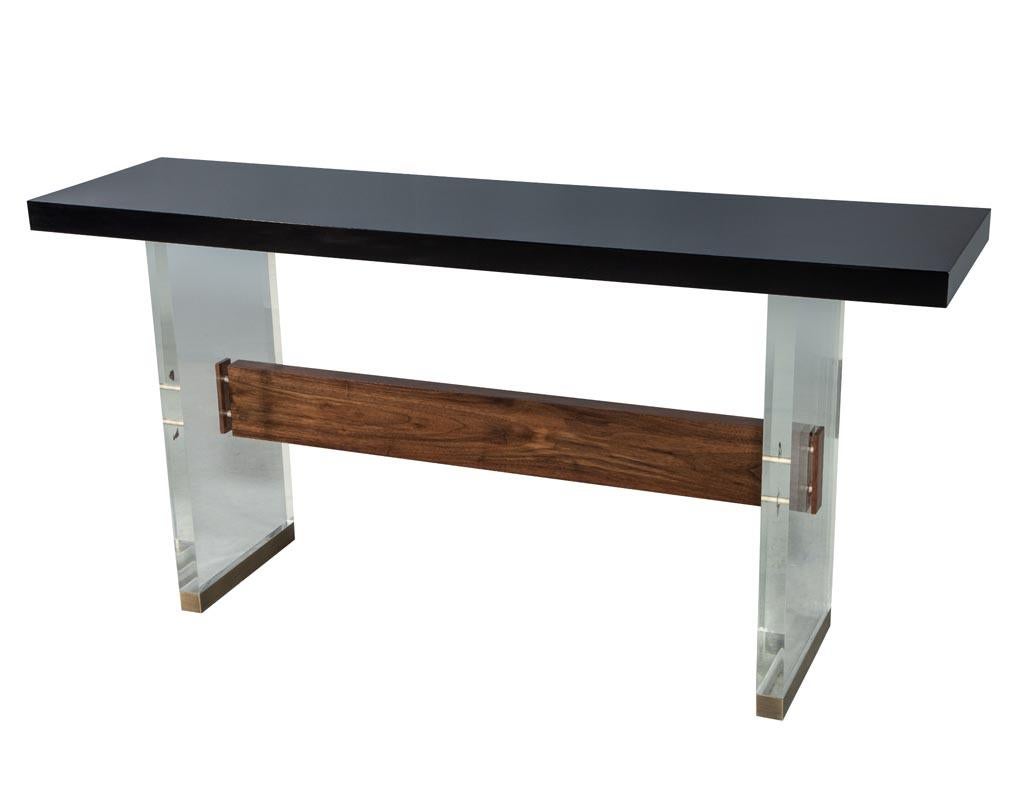 Custom Modern Acrylic Black Lacquer and Walnut Console by Carrocel For Sale 2