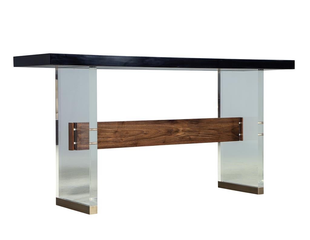 Custom Modern Acrylic Black Lacquer and Walnut Console by Carrocel For Sale 3