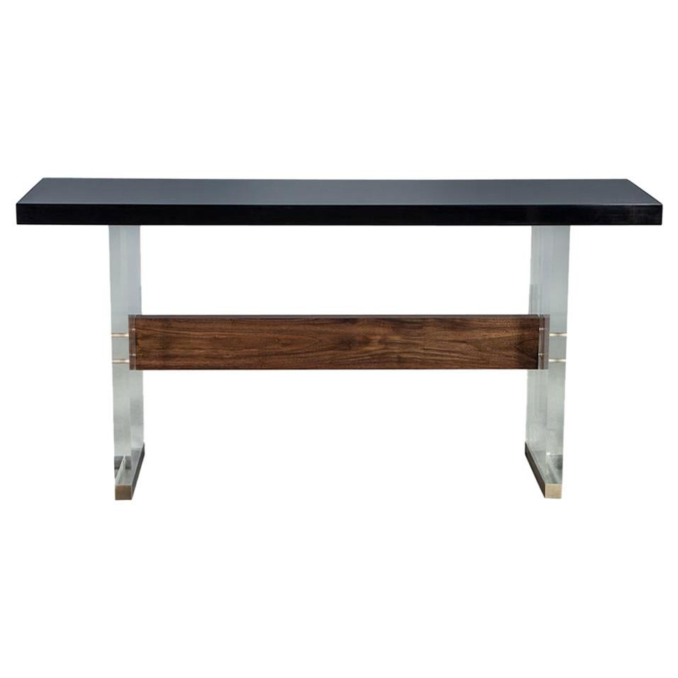 Custom Modern Acrylic Black Lacquer and Walnut Console by Carrocel