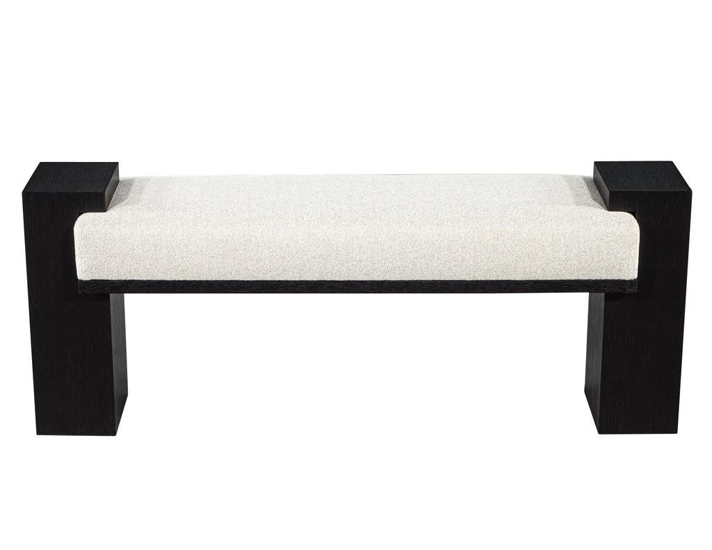 Introducing the Carrocel Custom Modern Black Oak Bench, a stunning blend of elegance and functionality. Crafted from premium cerused satin black oak, this hand-crafted piece showcases a rich, textured finish that effortlessly enhances any space. The