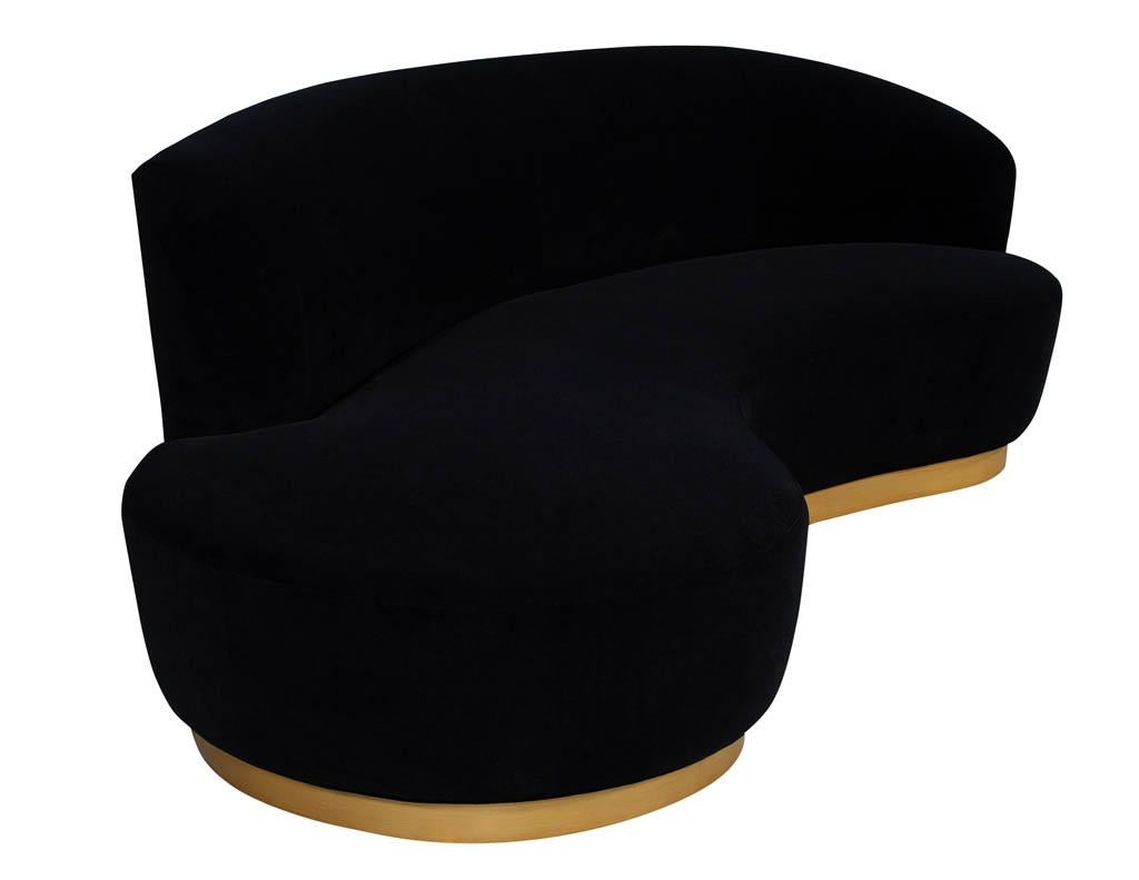 Contemporary Custom Modern Black Velvet Sofa with Gold Leaf Base
