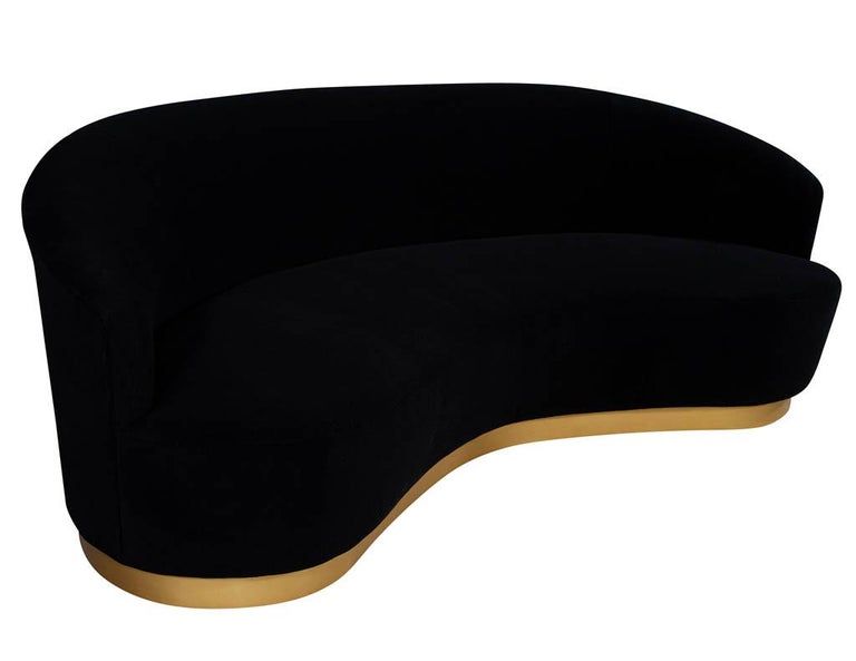 Custom Modern Black Velvet Sofa with Gold Leaf Base For Sale at 1stDibs
