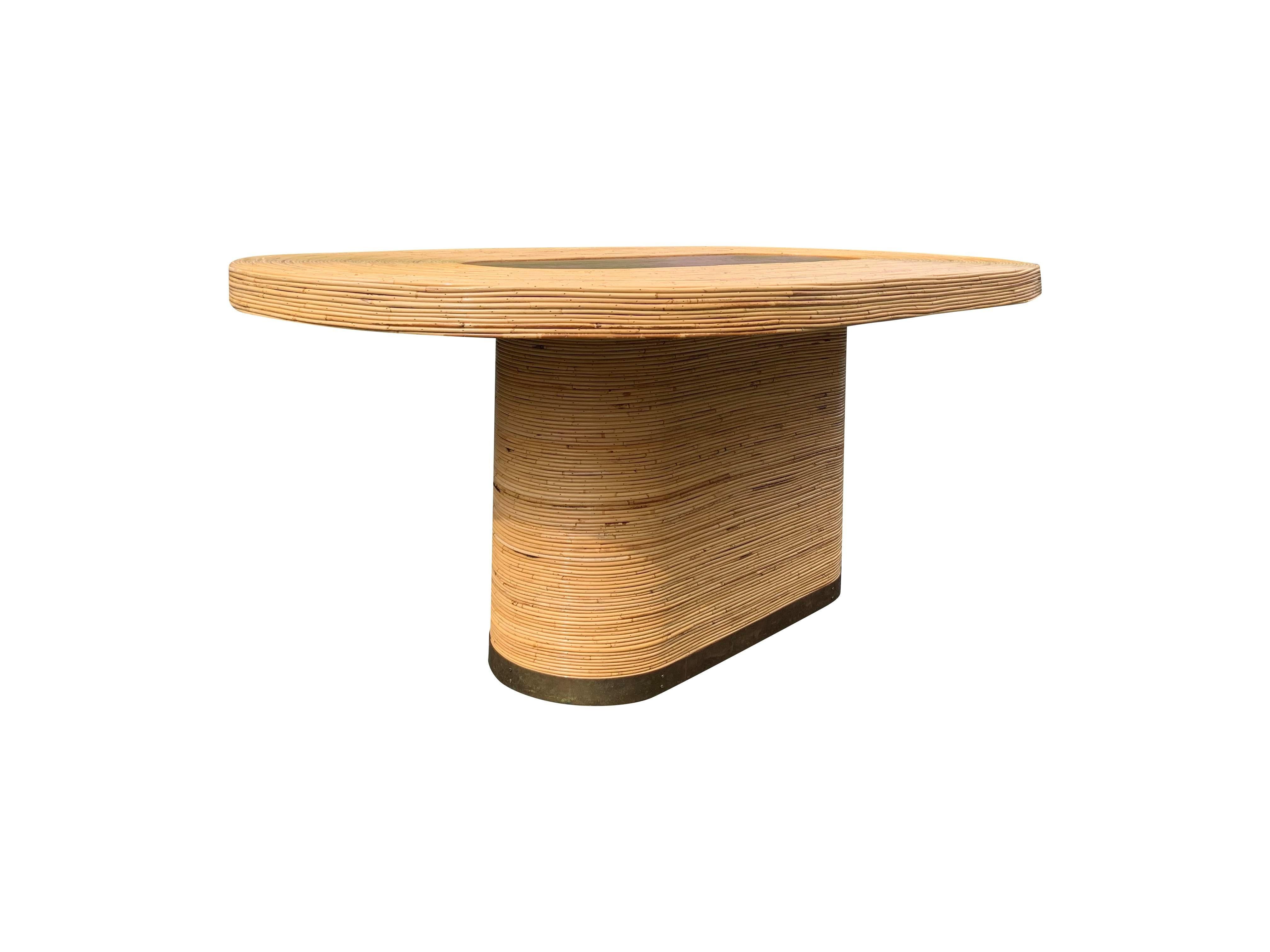 Custom Modern Boho Chic Coastal Rattan Wrapped Dining Table With Brass Base For Sale 5