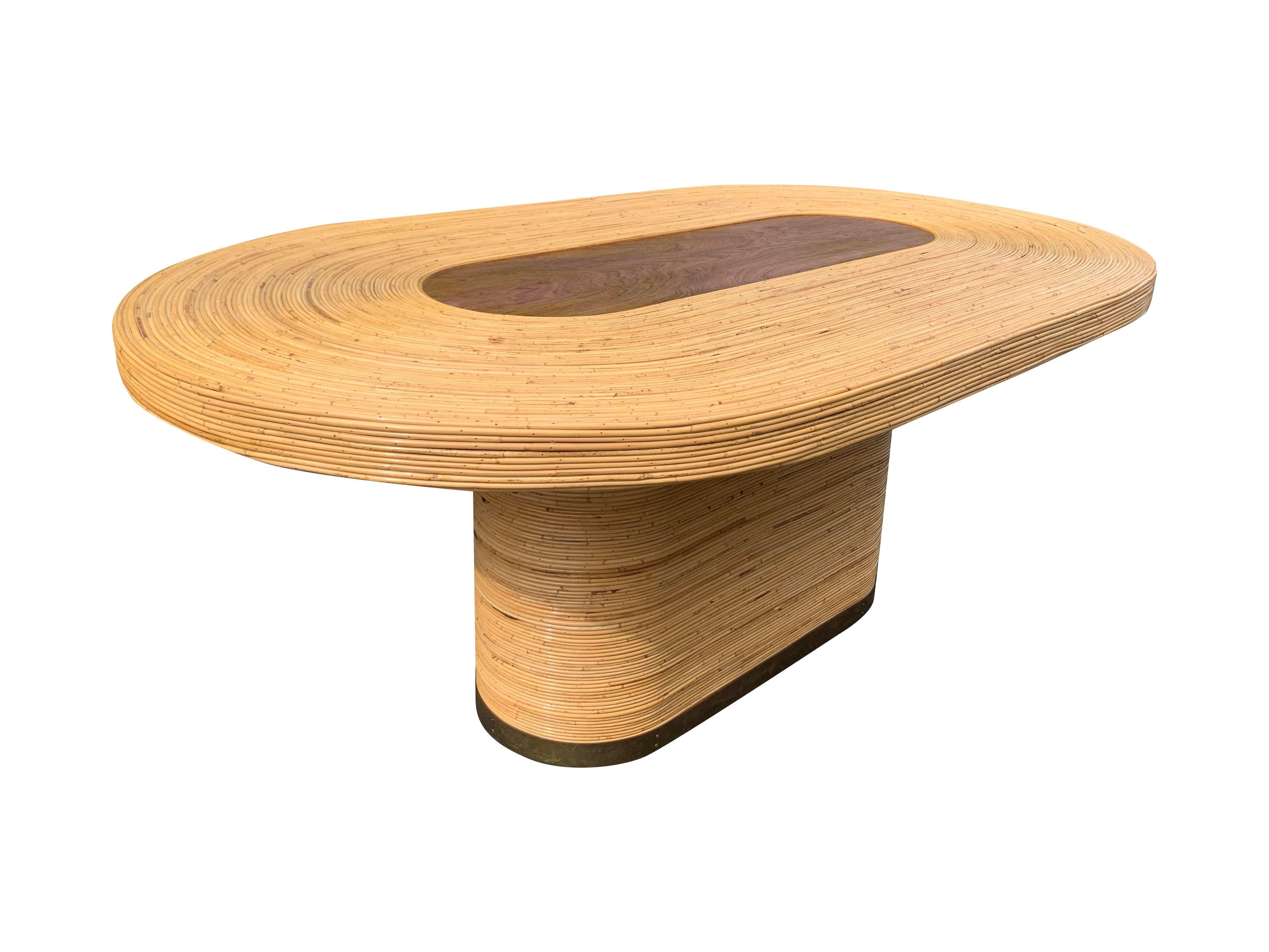 Custom Modern Boho Chic Coastal Rattan Wrapped Dining Table With Brass Base In Good Condition For Sale In Saddle River, NJ