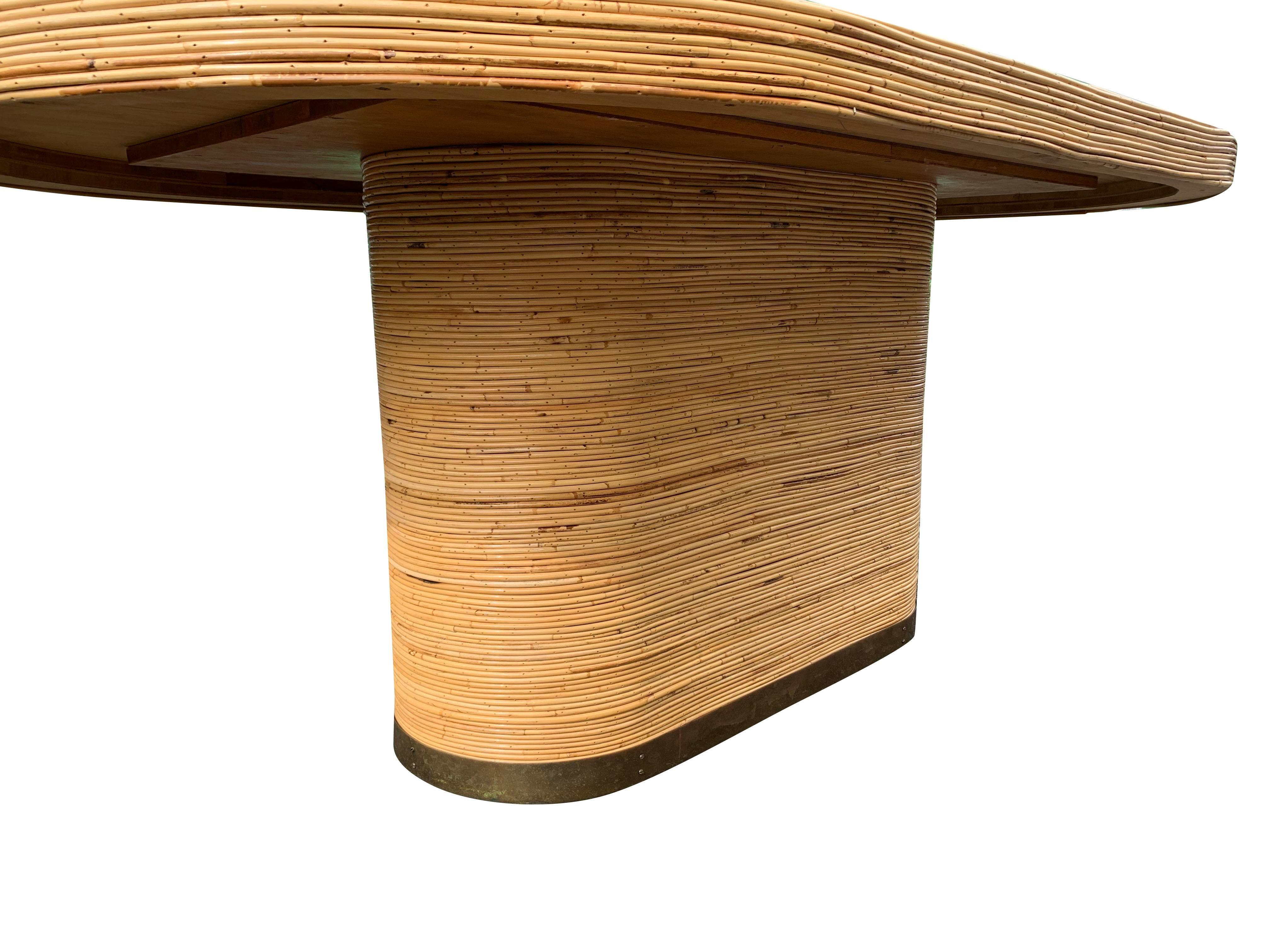 Custom Modern Boho Chic Coastal Rattan Wrapped Dining Table With Brass Base For Sale 1
