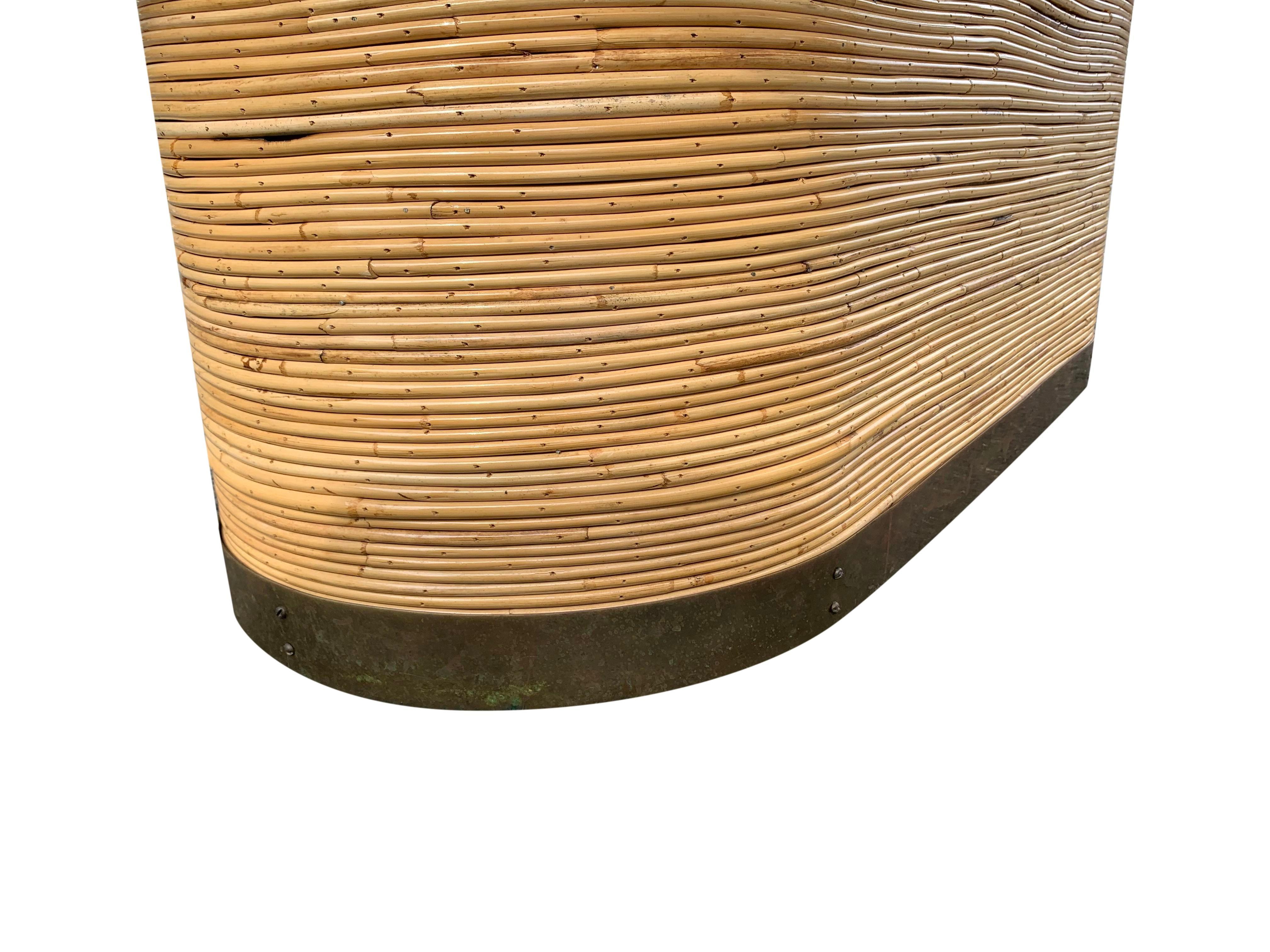 Custom Modern Boho Chic Coastal Rattan Wrapped Dining Table With Brass Base For Sale 3