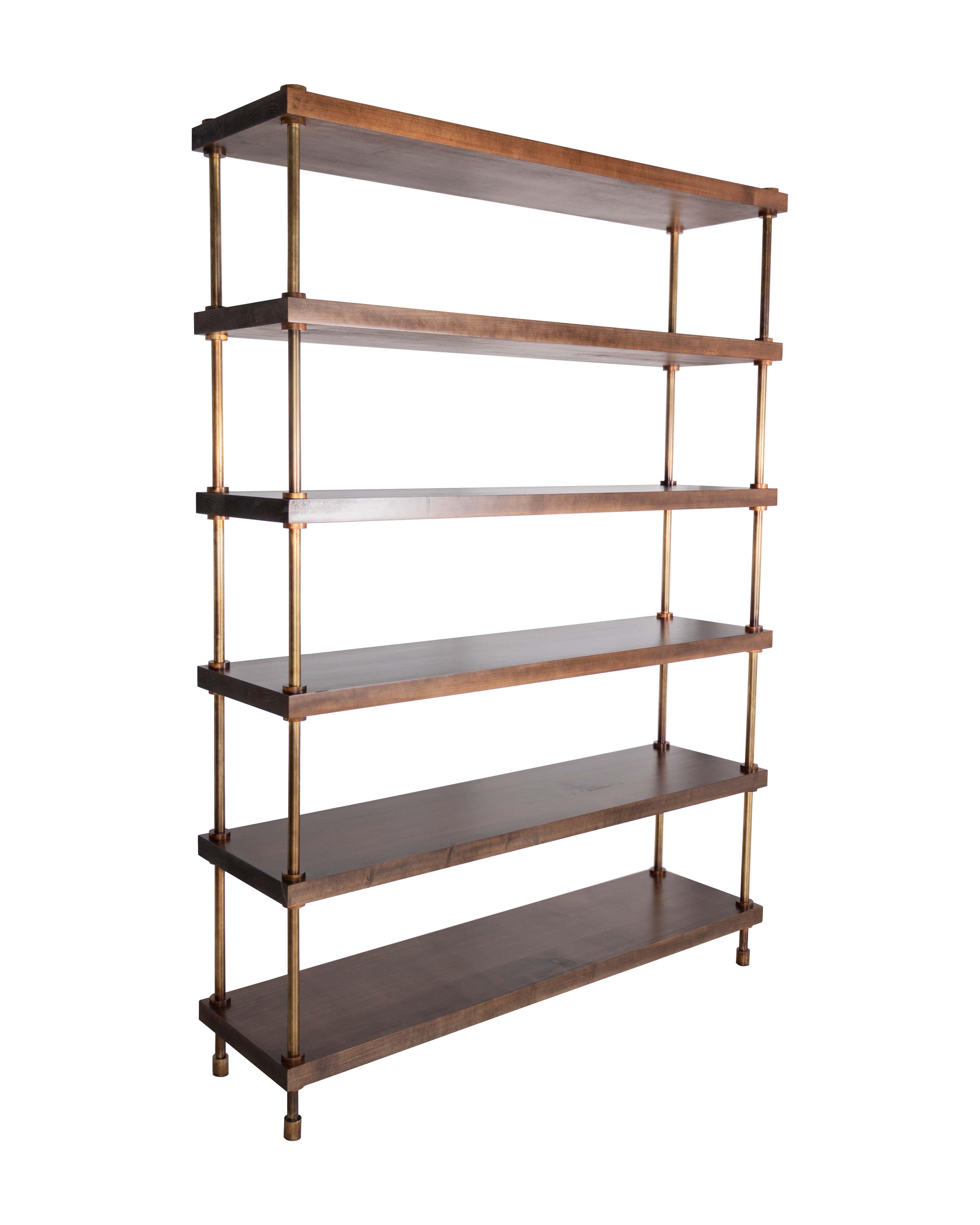 Custom modern bookshelf in a soft tawny finish on oak with brass accents. 

Designed by Brendan Bass for the Vision and Design Collection, by using high quality materials and textures. All materials are sourced from local vendors throughout the
