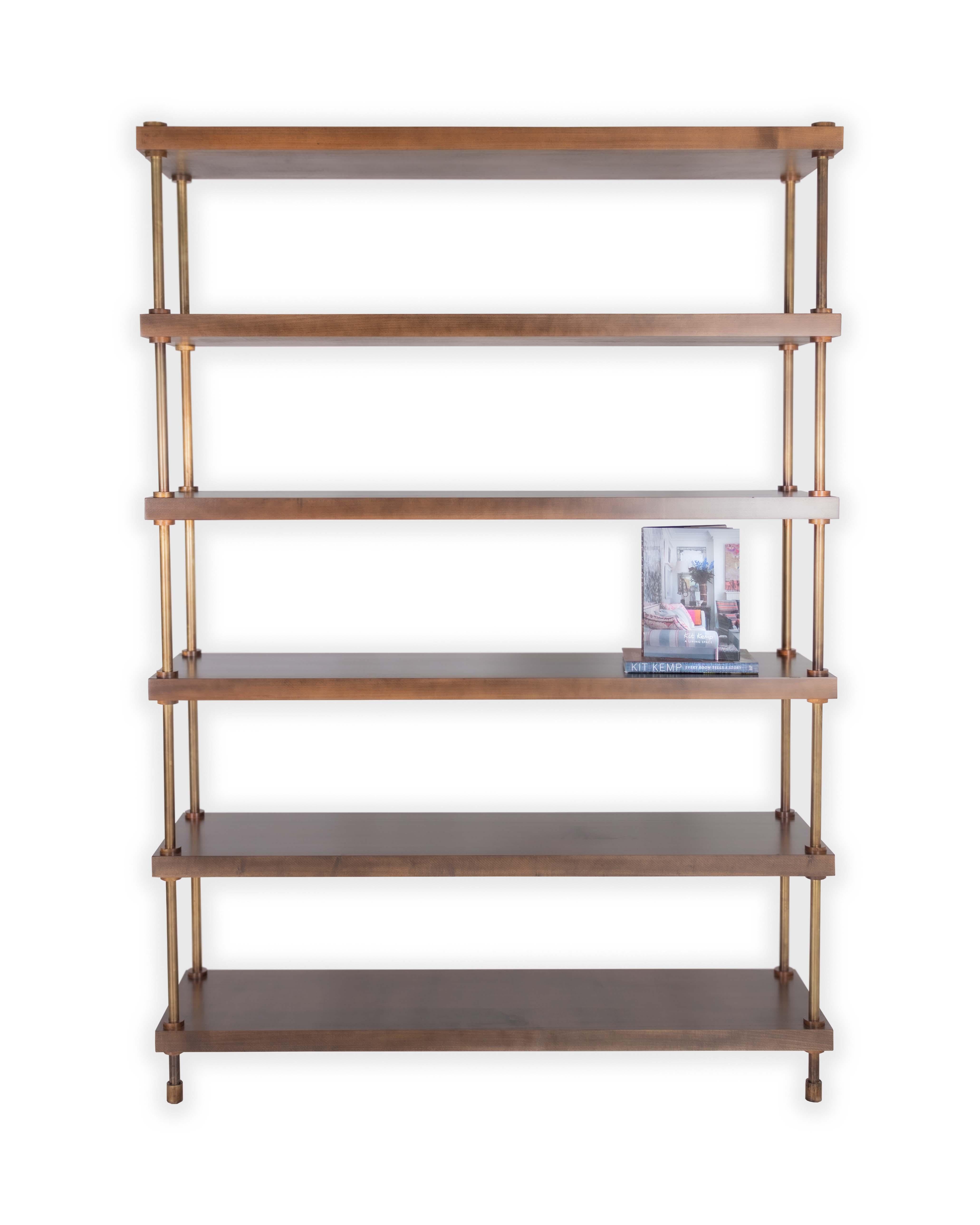 Contemporary Custom Modern Bookshelf in Soft Tawny Finish with Brass Accents For Sale