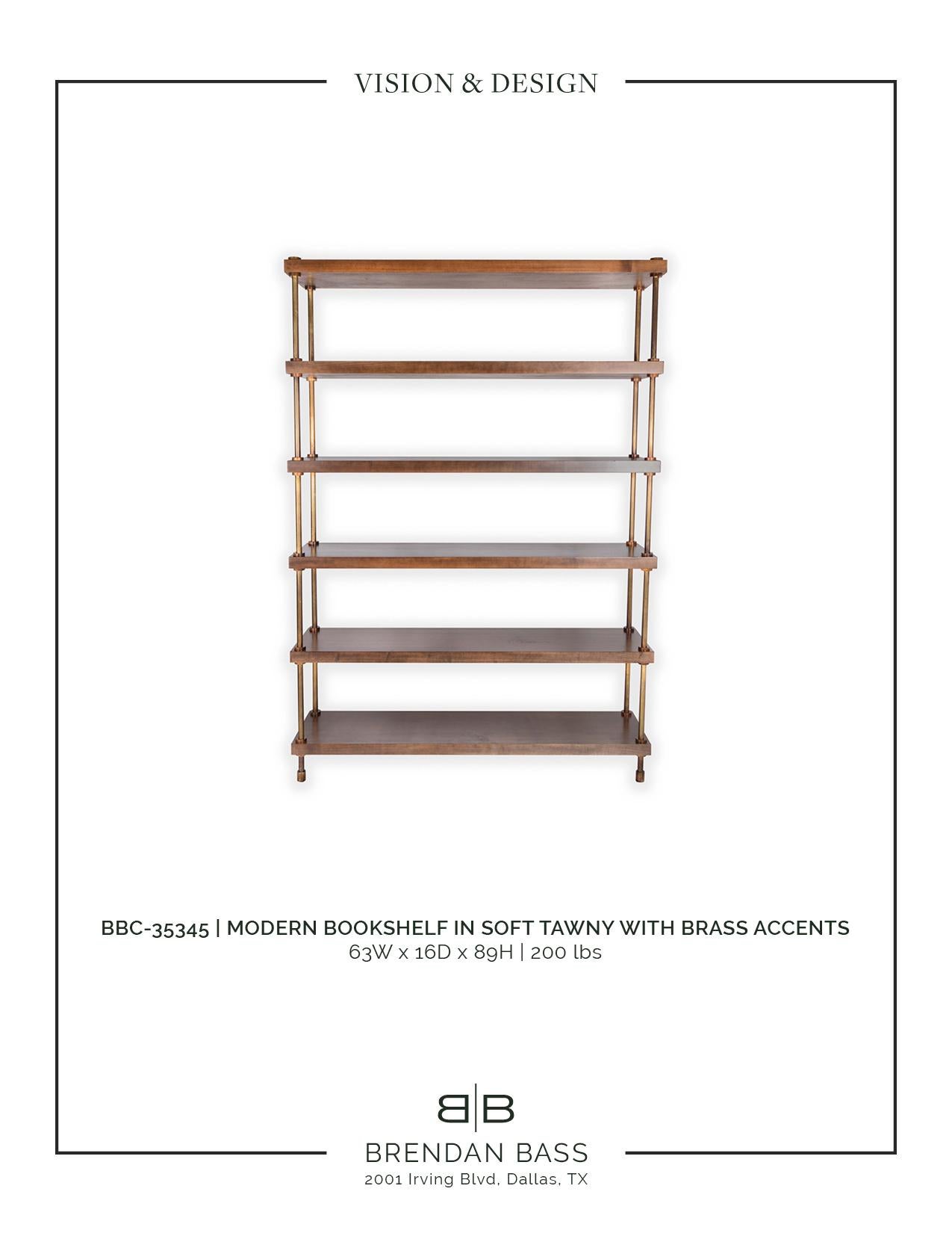 Custom Modern Bookshelf in Soft Tawny Finish with Brass Accents For Sale 1