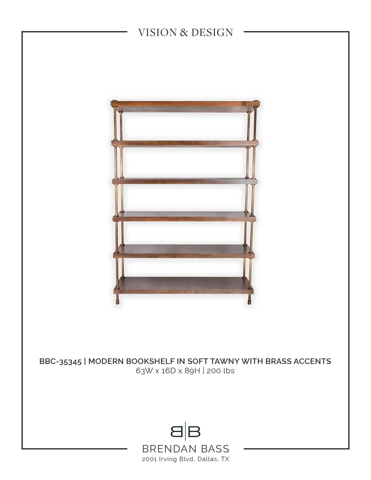 Contemporary Custom Modern Bookshelf in Soft Tawny Finish with Brass Accents For Sale