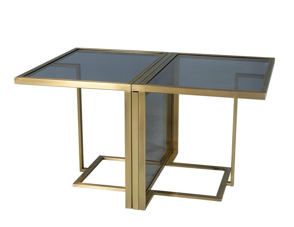 Table de salle à manger moderne en laiton sur mesure avec plateau en verre, entièrement extensible, par Carrocel en vente 3
