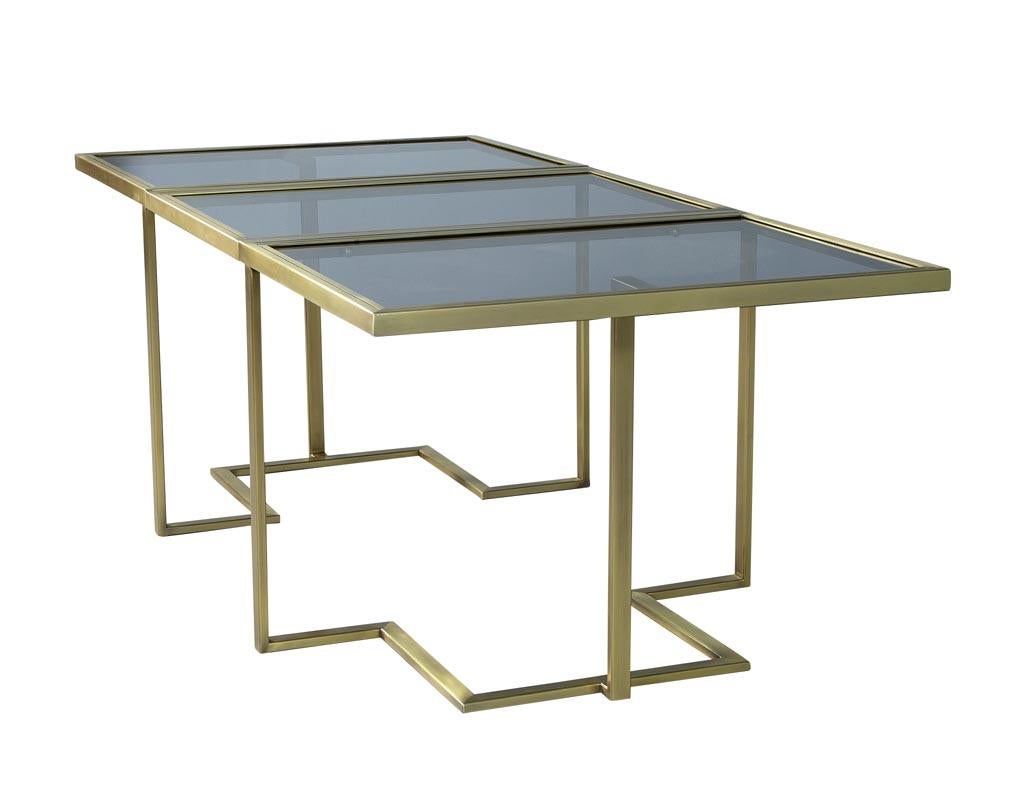 Custom Modern Brass Dining Table with Glass Top Fully Expandable by Carrocel In Good Condition For Sale In North York, ON