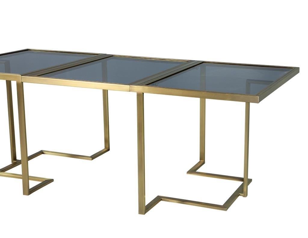 Contemporary Custom Modern Brass Dining Table with Glass Top Fully Expandable by Carrocel For Sale