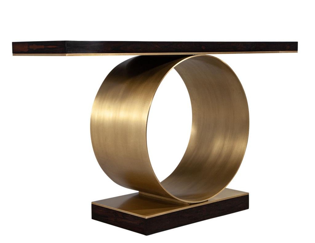 Metal Custom Modern Console Table with Round Brass Pedestal For Sale