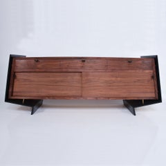 Custom Modern Cut Walnut Floating Credenza Bronze & Leather Pablo Romo Ambianic