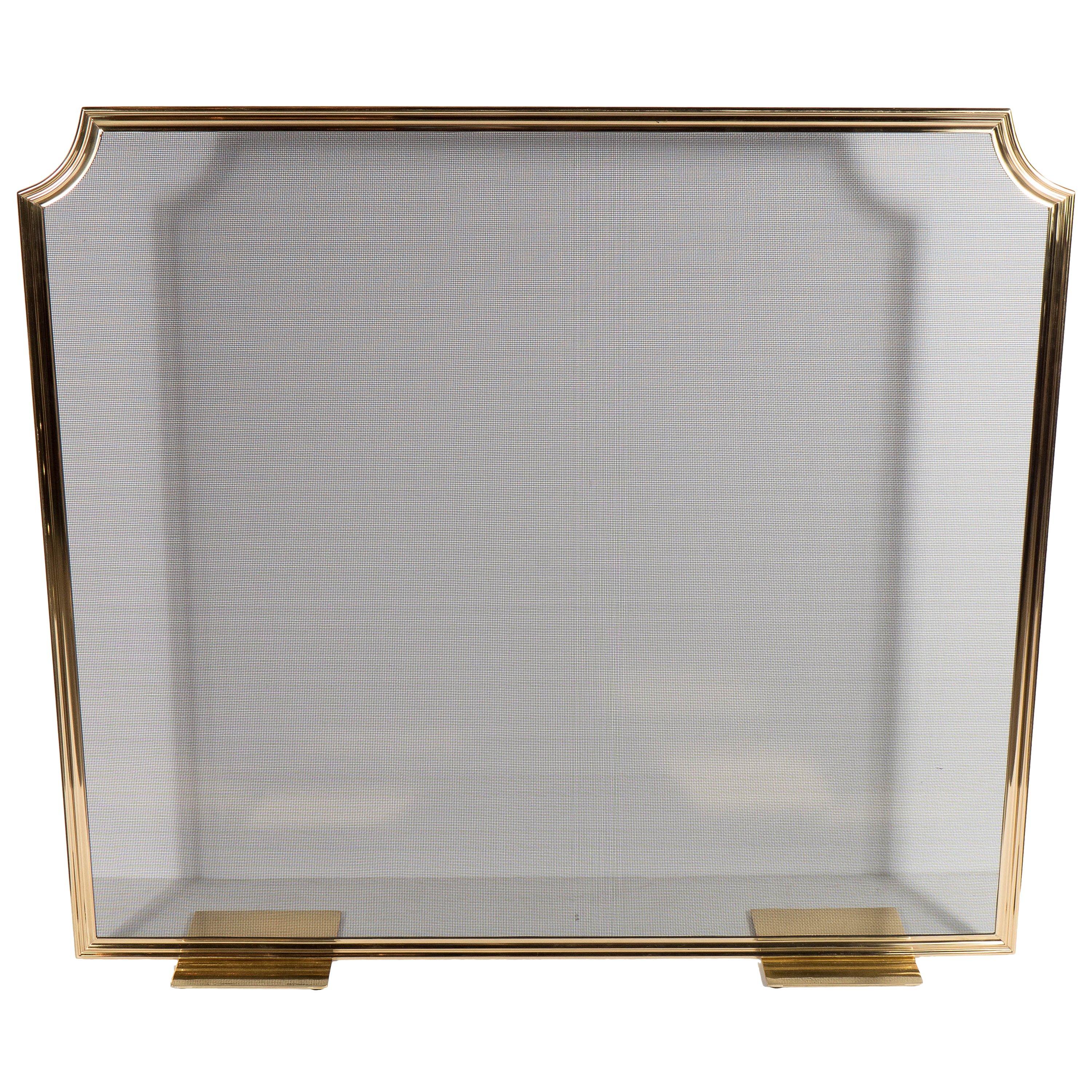 Custom Modern Fire Screen in Polished Brass with Curved Corner Detail