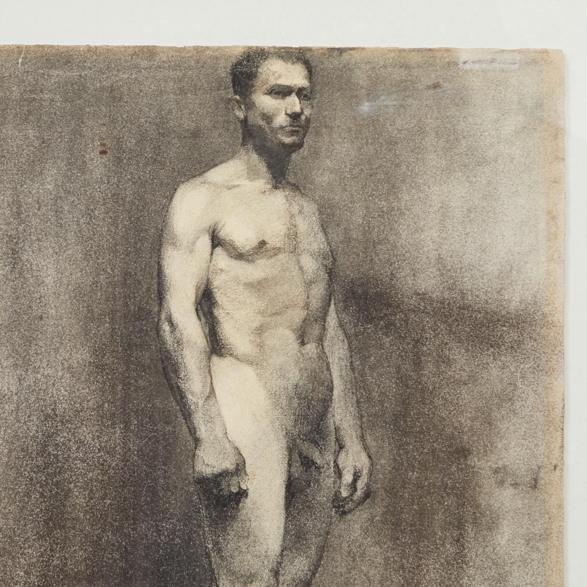 Custom modern-framed charcoal standing male nude drawing by artist Landini, Italy, 1908.

   