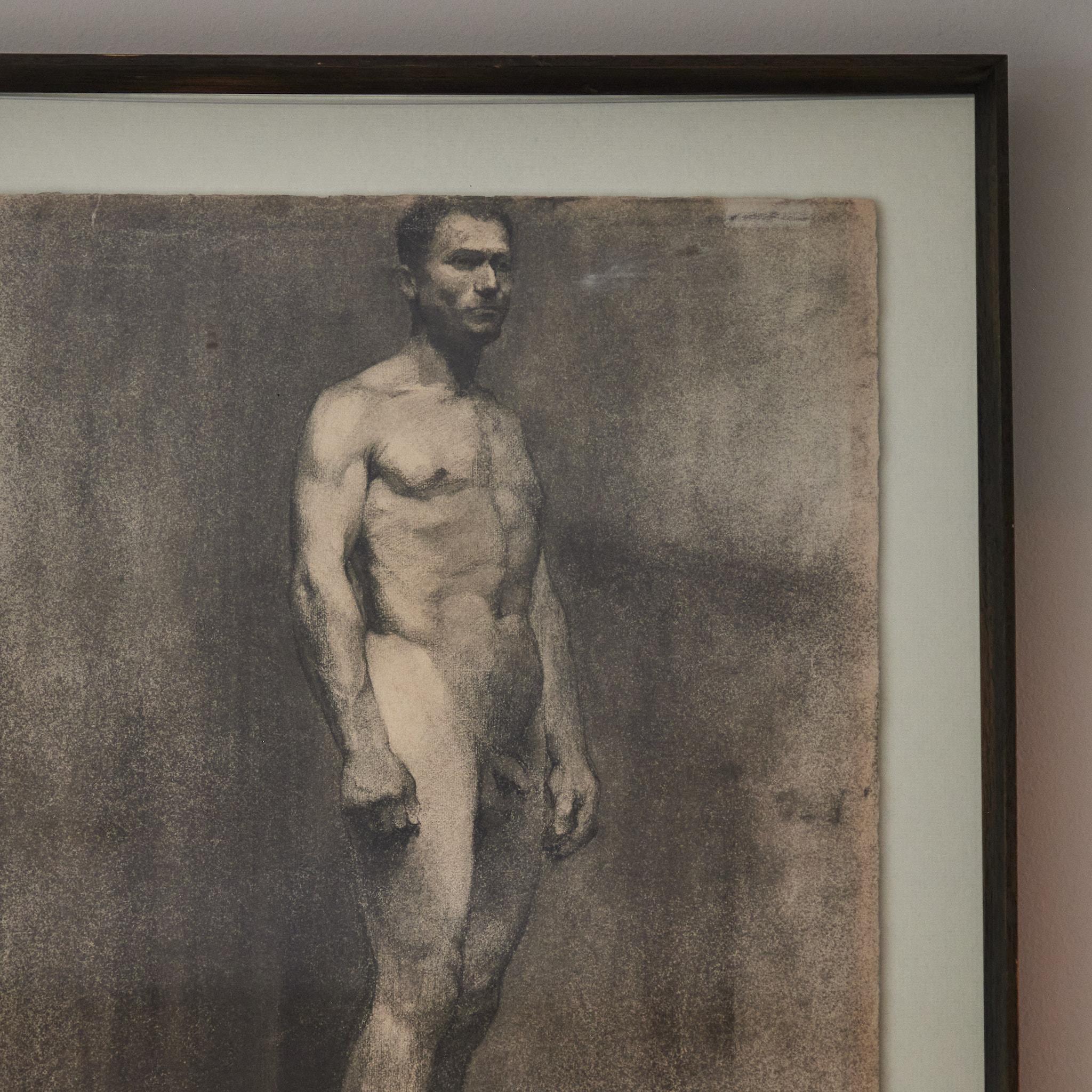 Early 20th-century charcoal drawing of standing nude male model by Florentine portraitist Andrea Landini. Mounted in a custom wood frame, the image has a pensive quality, and a beautiful treatment of light and shadow.

Studying under Riccardo