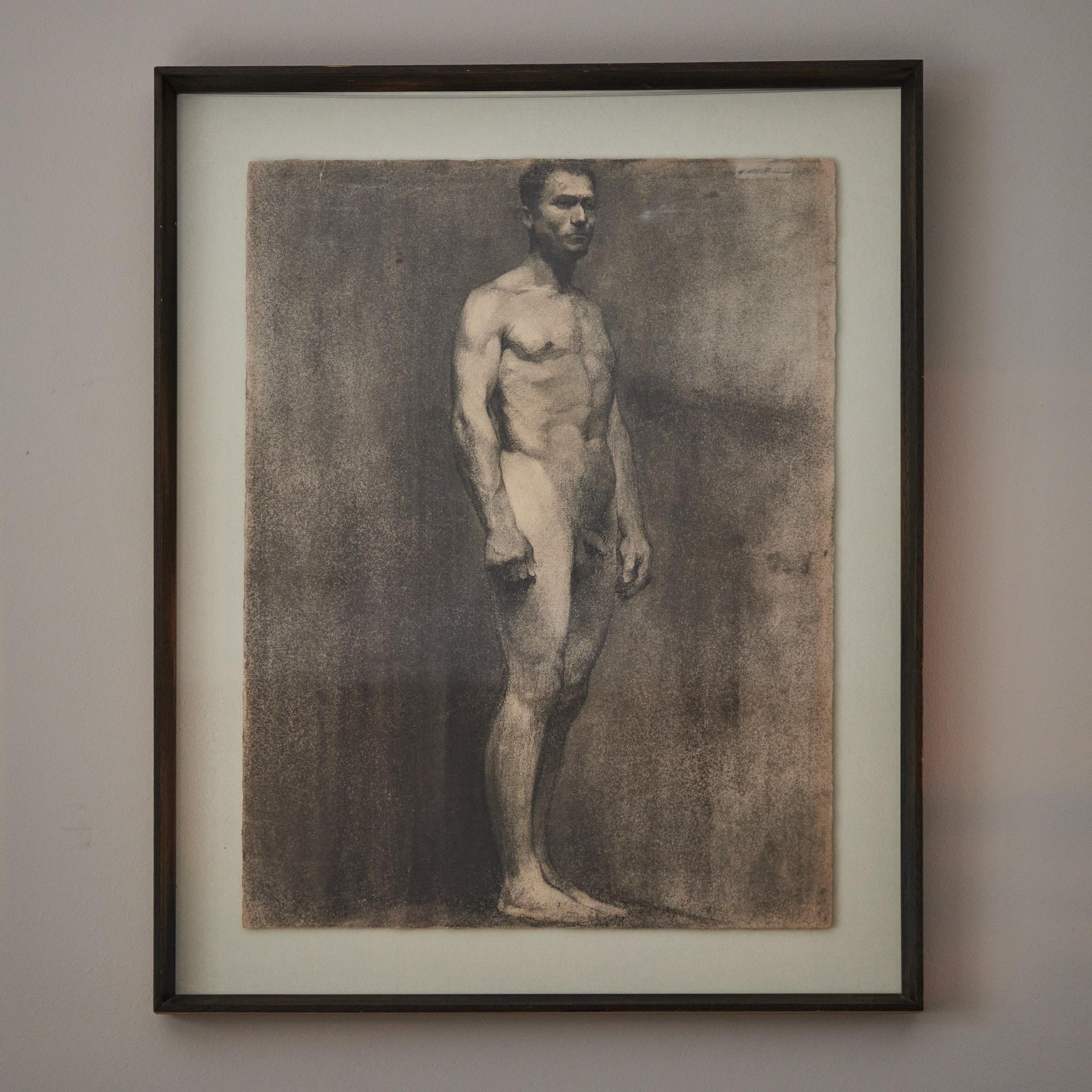 Custom Modern Framed Charcoal Male Nude Drawing by Artist Landini, Italy, 1908 1