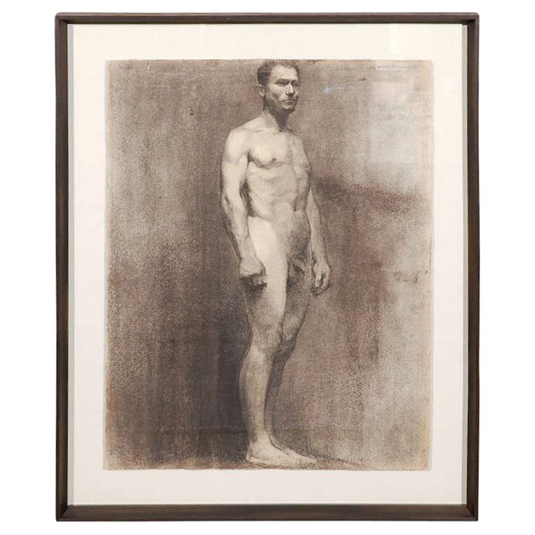 Custom Modern Framed Charcoal Male Nude Drawing by Artist Landini, Italy, 1908