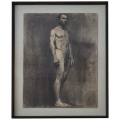 Custom Modern Framed Charcoal Male Nude Drawing by Artist Landini, Italy, 1908